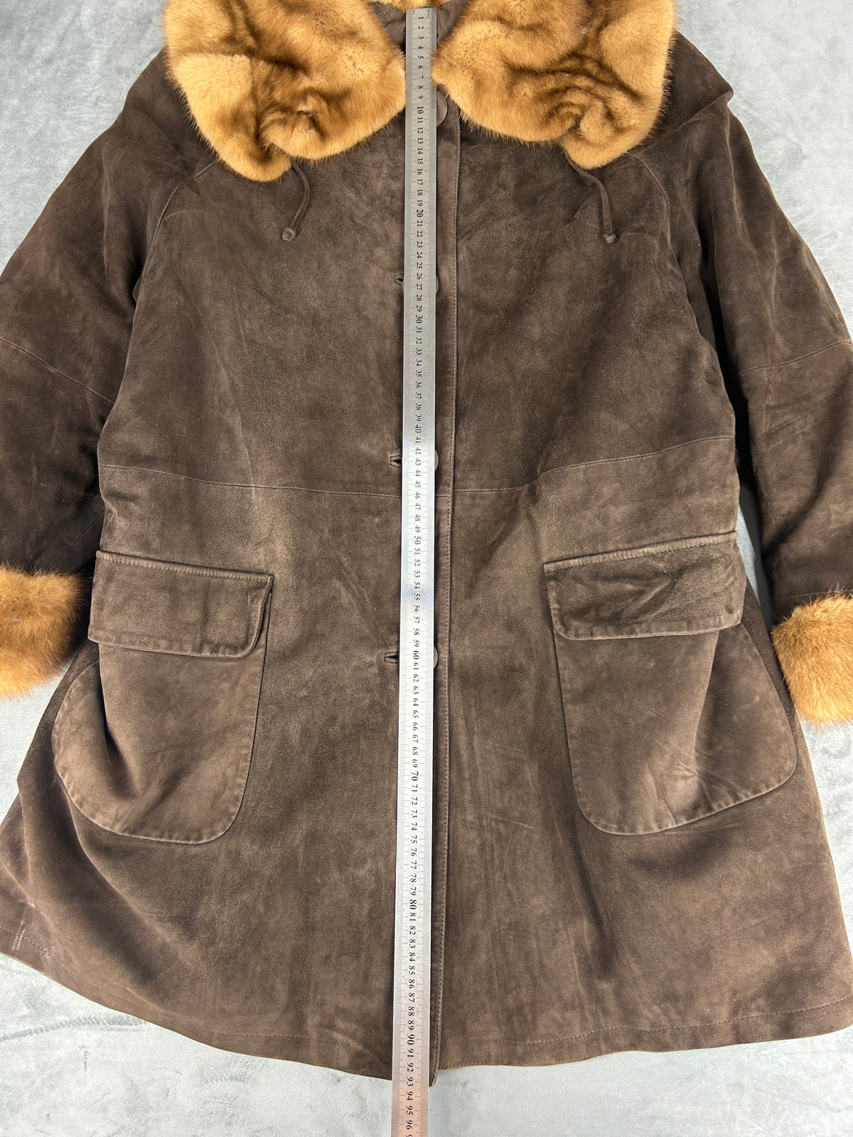Cappotto in pelle scamosciata marrone con collo in pelliccia vintage – Donna Taglia M