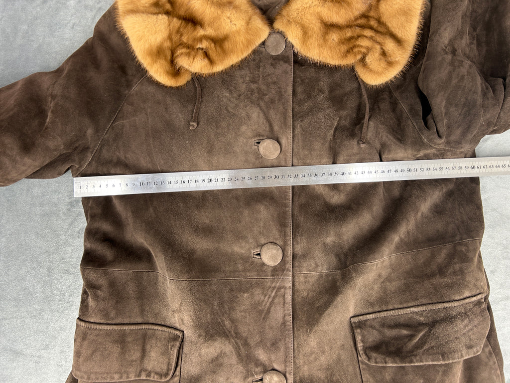 Cappotto in pelle scamosciata marrone con collo in pelliccia vintage – Donna Taglia M