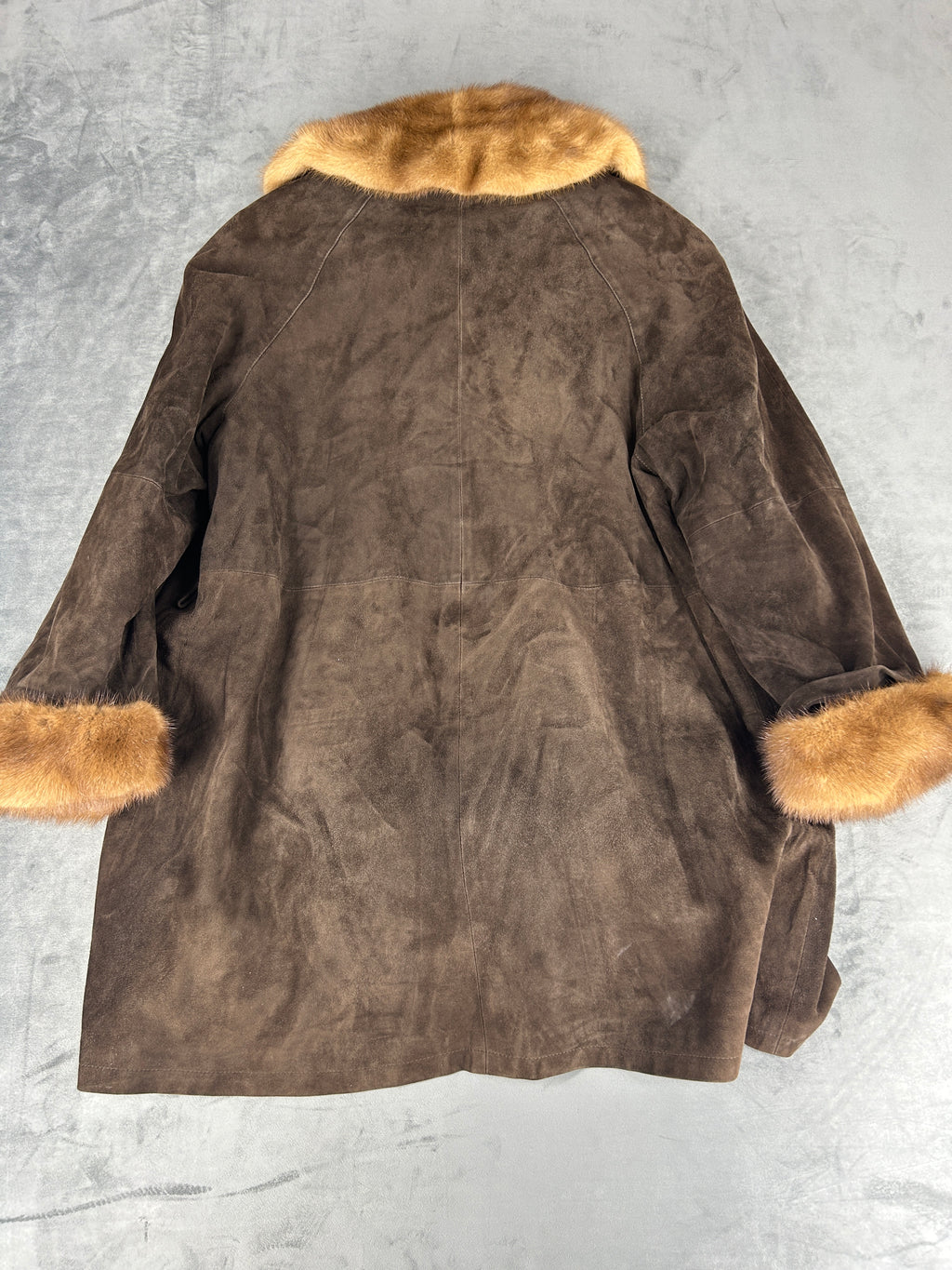 Cappotto in pelle scamosciata marrone con collo in pelliccia vintage – Donna Taglia M