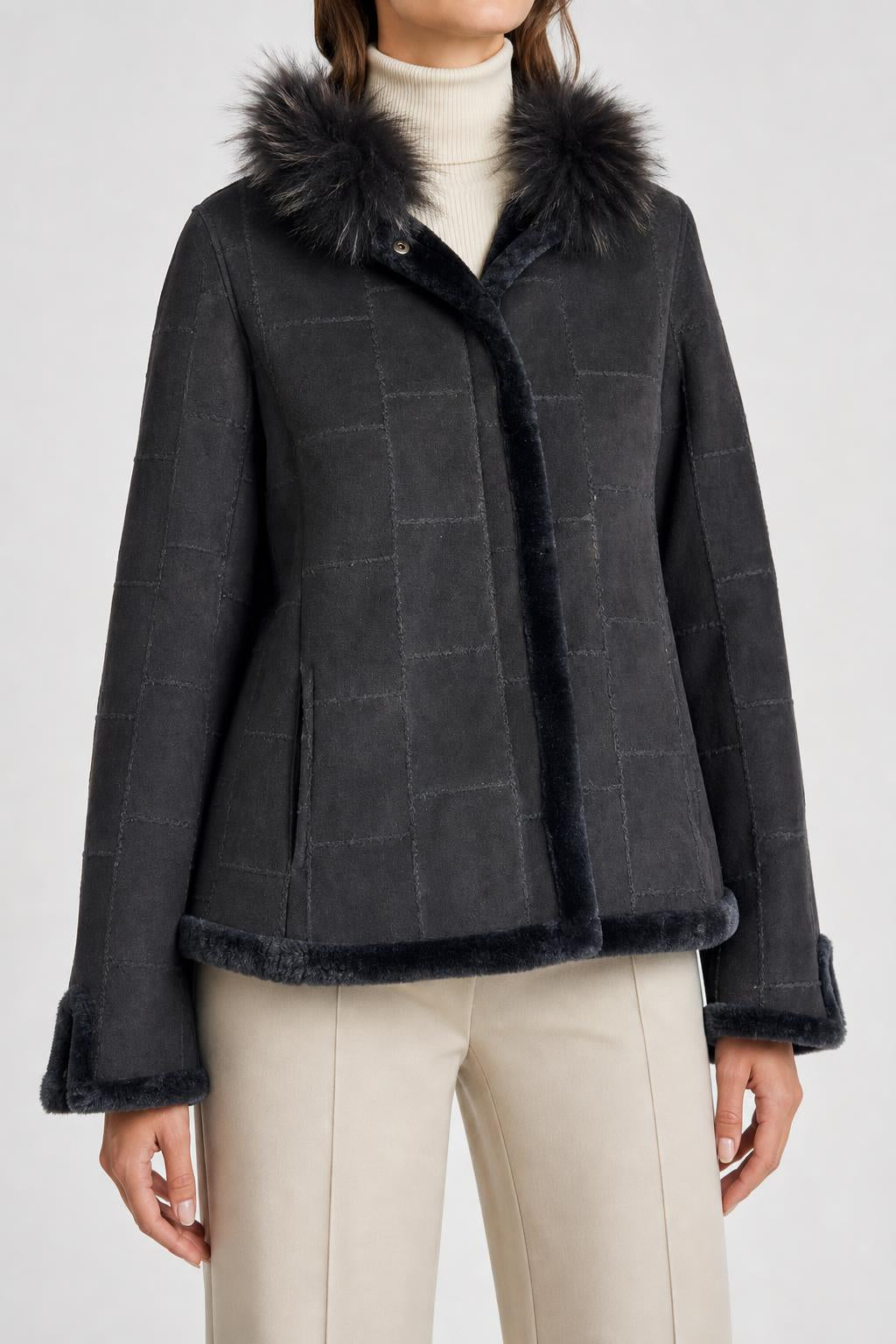 Giacca in montone grigia con collo in pelliccia vintage – Donna Taglia M
