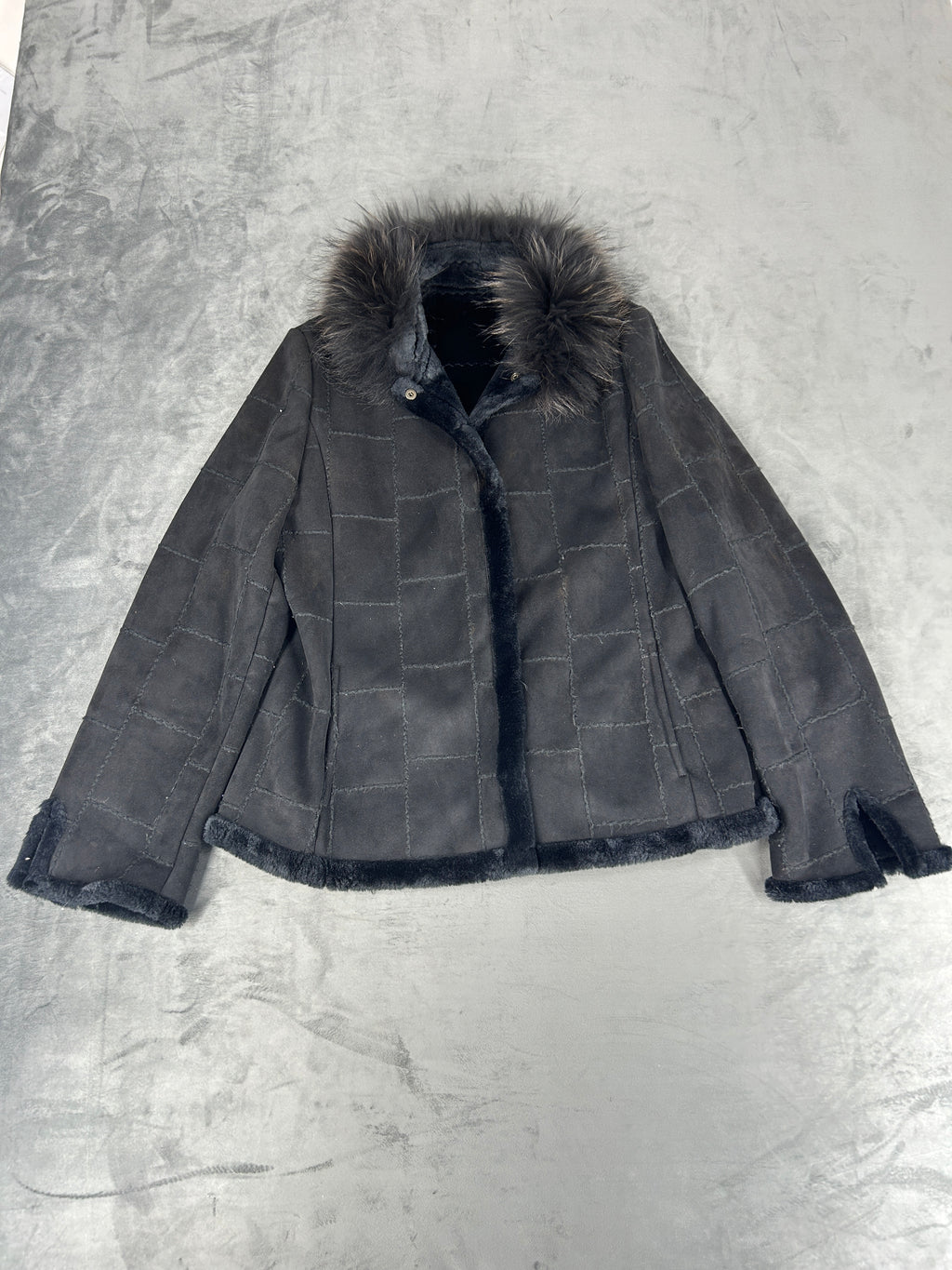 Giacca in montone grigia con collo in pelliccia vintage – Donna Taglia M