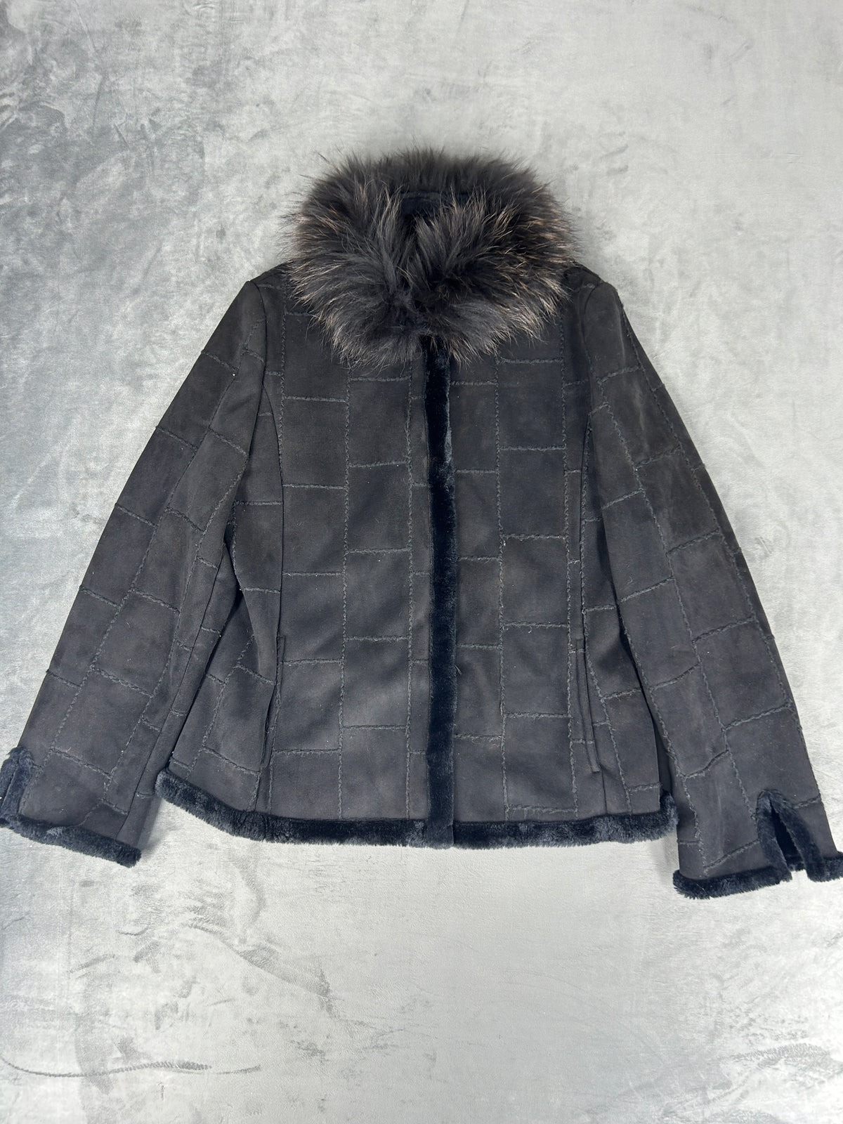 Giacca in montone grigia con collo in pelliccia vintage – Donna Taglia M
