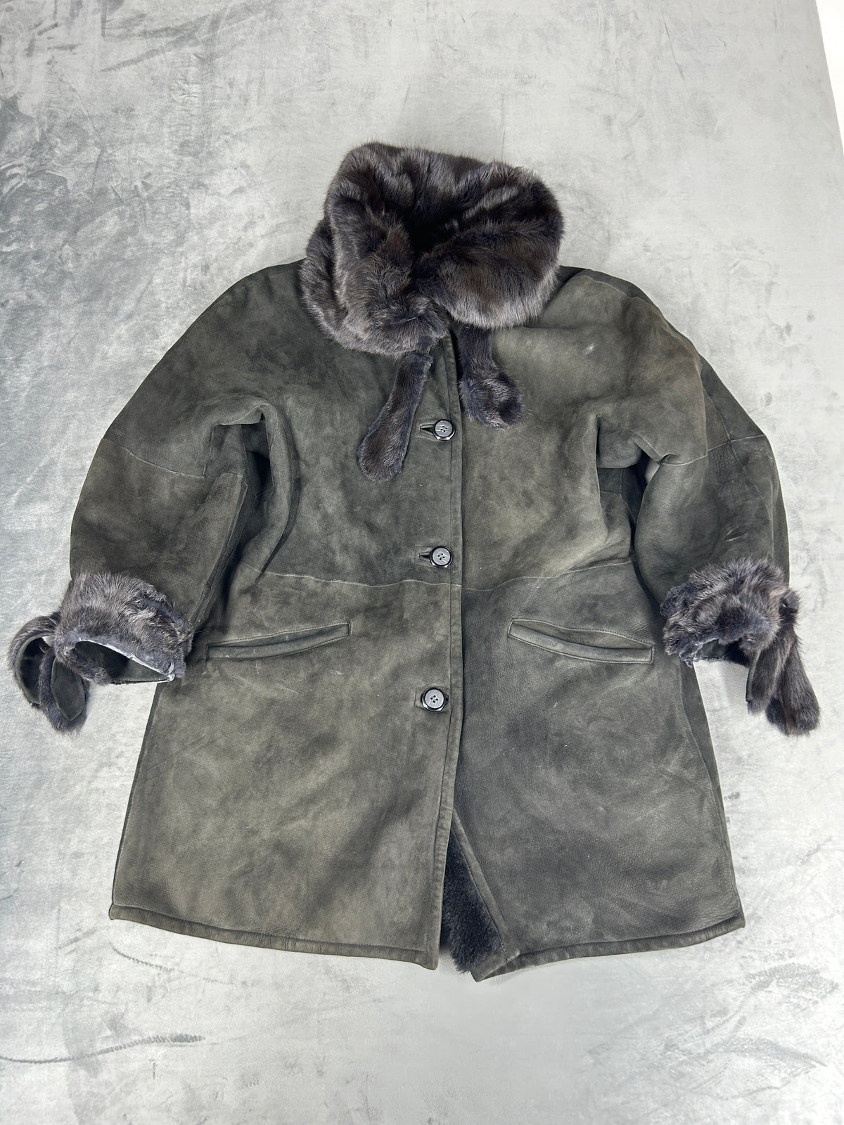 Cappotto in montone grigio con collo in pelliccia vintage – Donna Taglia M