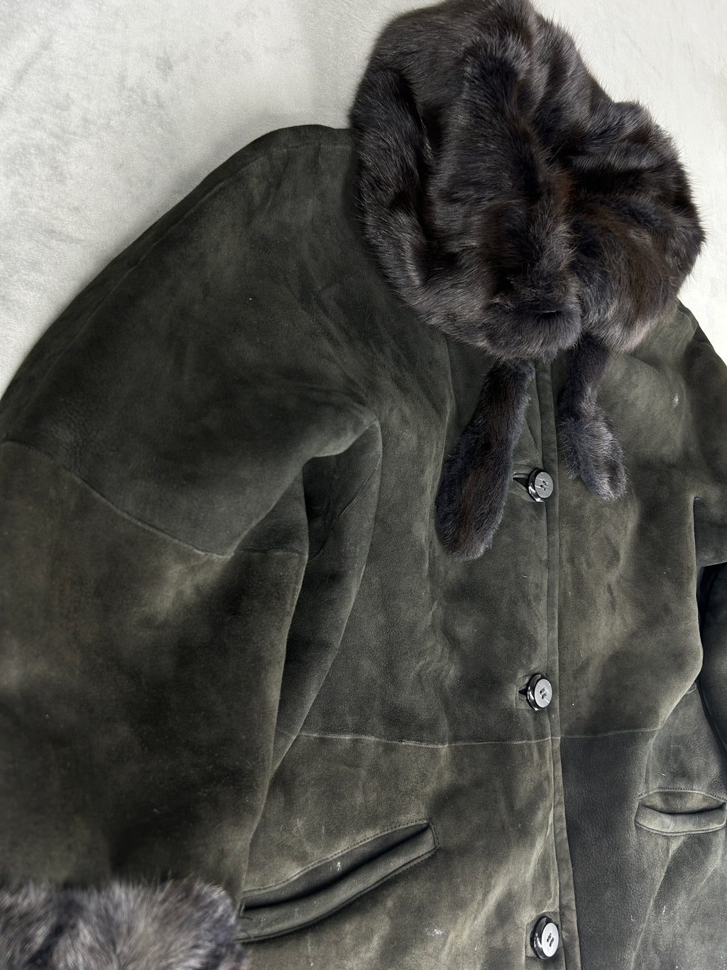 Cappotto in montone grigio con collo in pelliccia vintage – Donna Taglia M