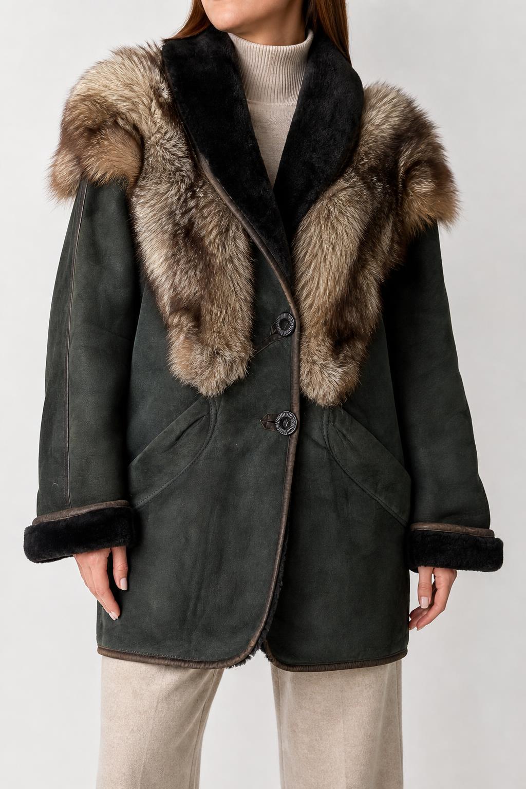 Cappotto in montone verde con collo in pelliccia vintage – Donna Taglia M (IT 42)