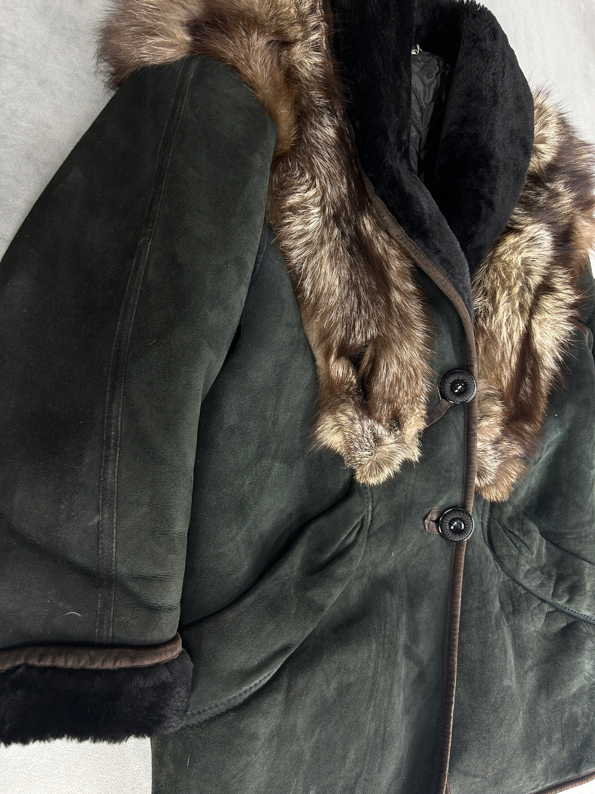 Cappotto in montone verde con collo in pelliccia vintage – Donna Taglia M (IT 42)