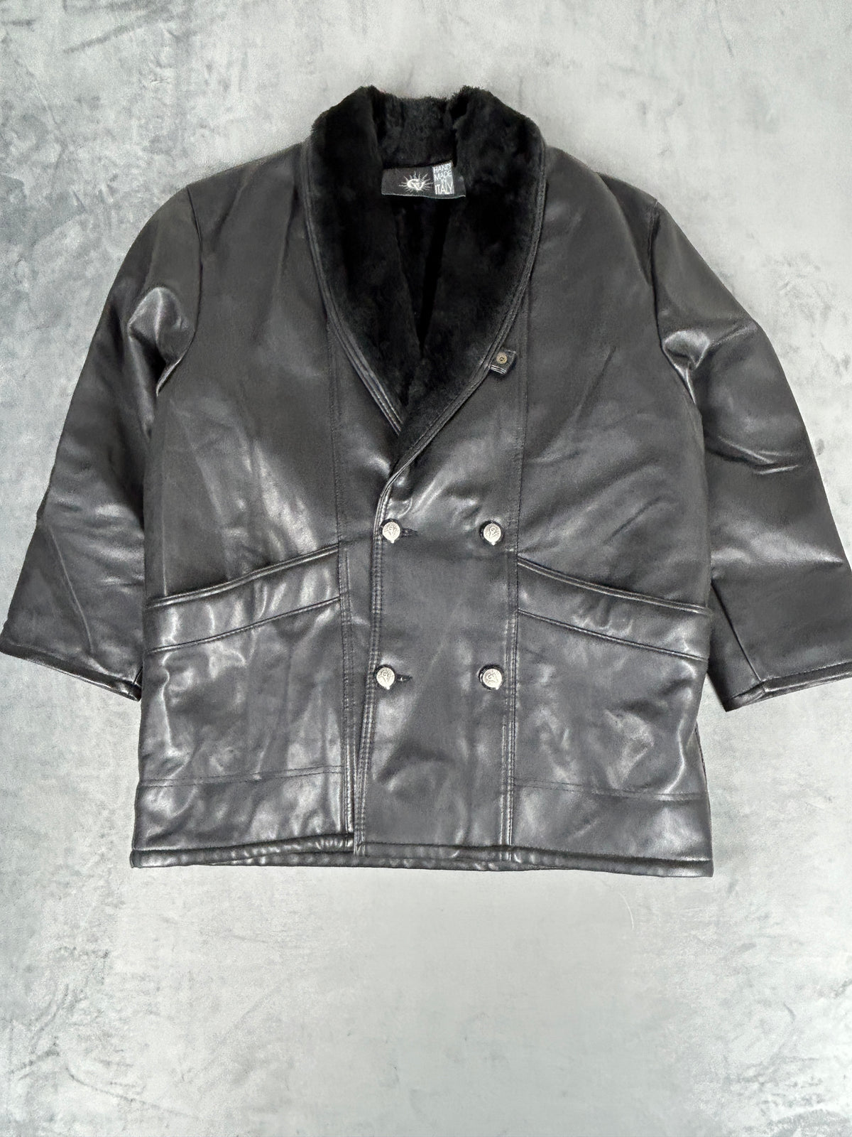 Giaccone di pelle nero con collo in pelliccia vintage – Uomo Taglia L