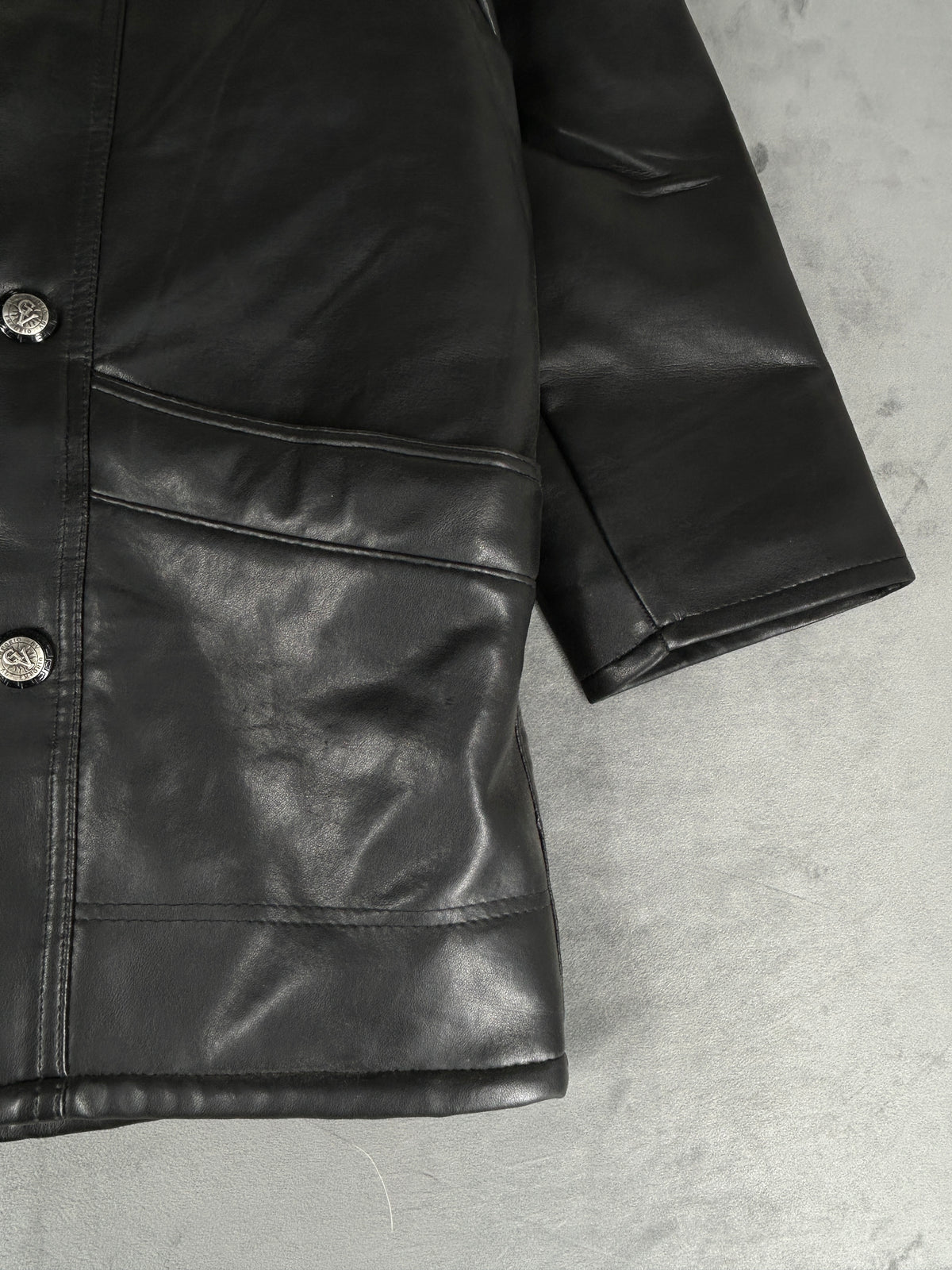 Giaccone di pelle nero con collo in pelliccia vintage – Uomo Taglia L