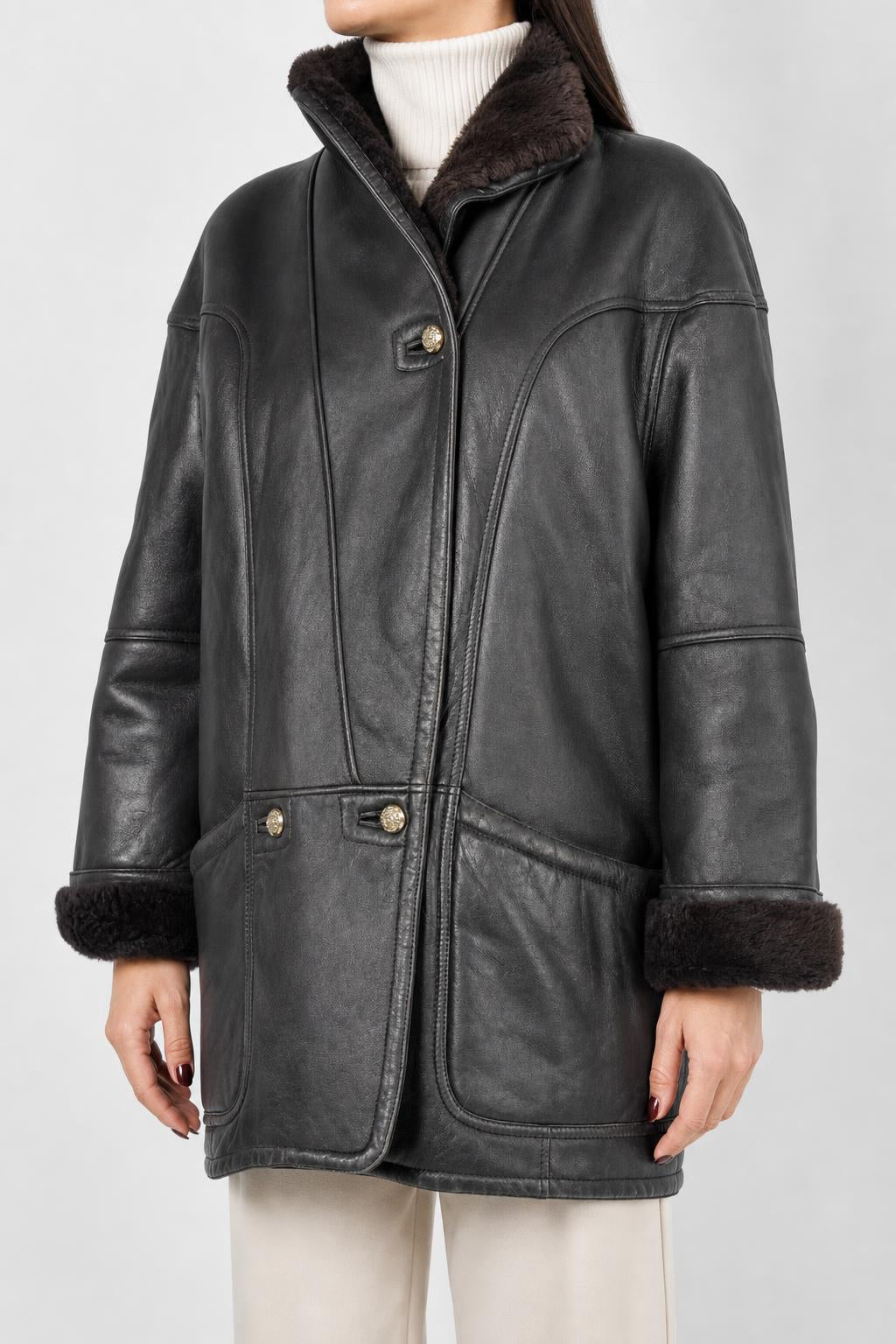 Cappotto in pelle e montone marrone scuro vintage – Donna Taglia M