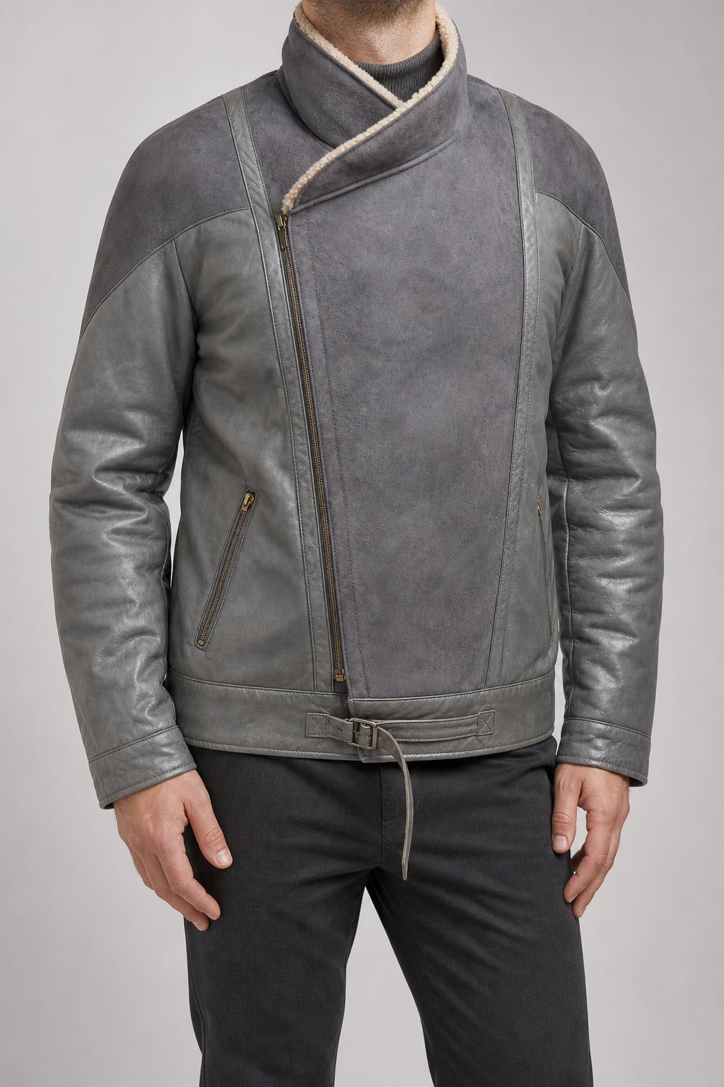 Giacca biker di pelle grigia con montone vintage – Uomo Taglia L