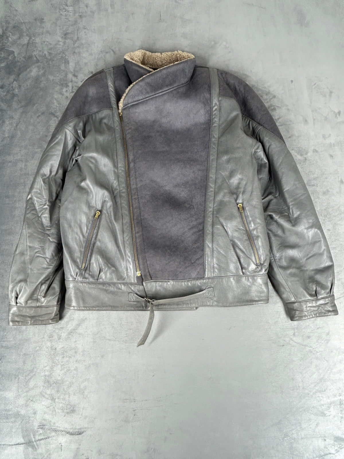Giacca biker di pelle grigia con montone vintage – Uomo Taglia L
