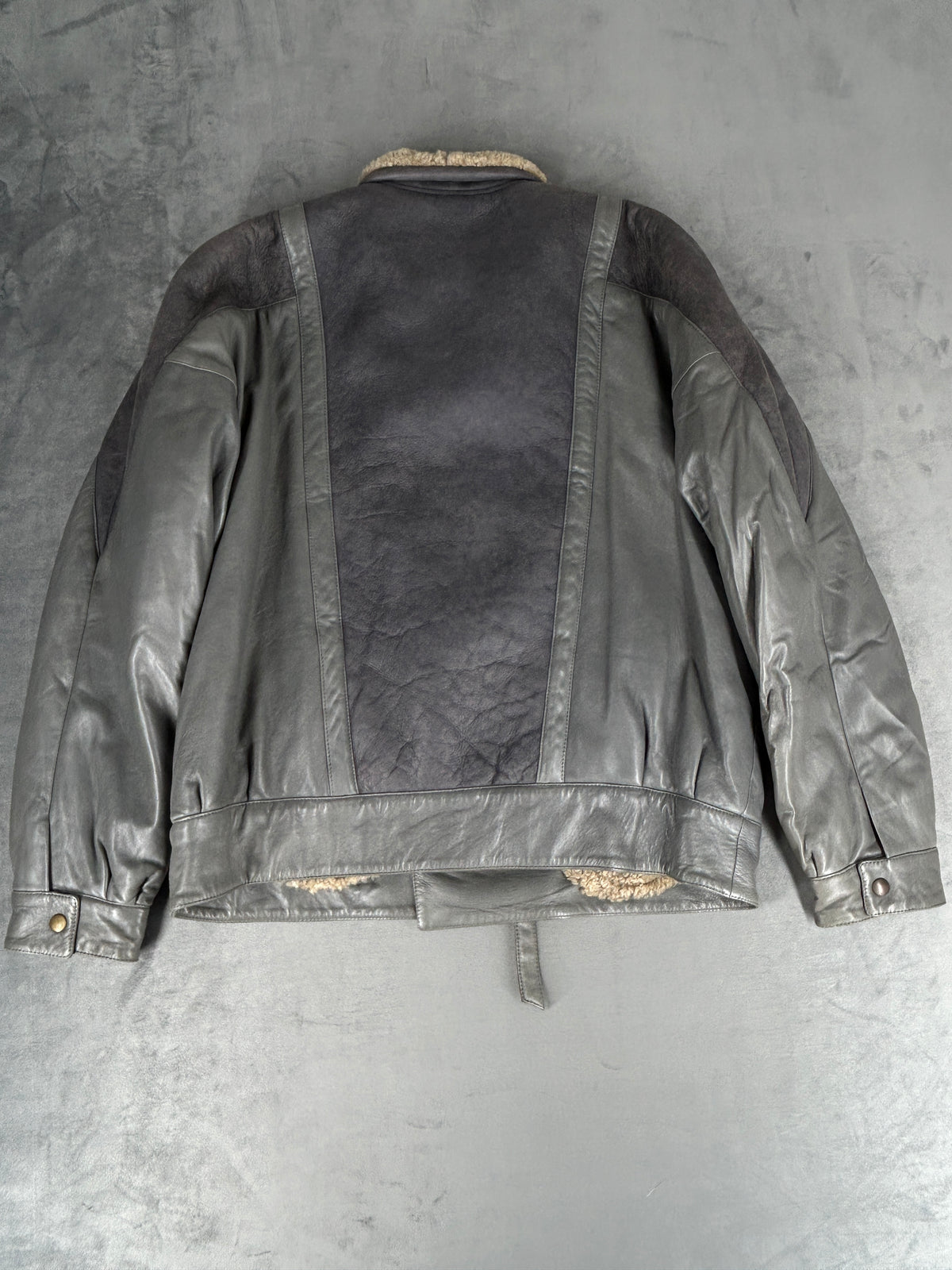 Giacca biker di pelle grigia con montone vintage – Uomo Taglia L