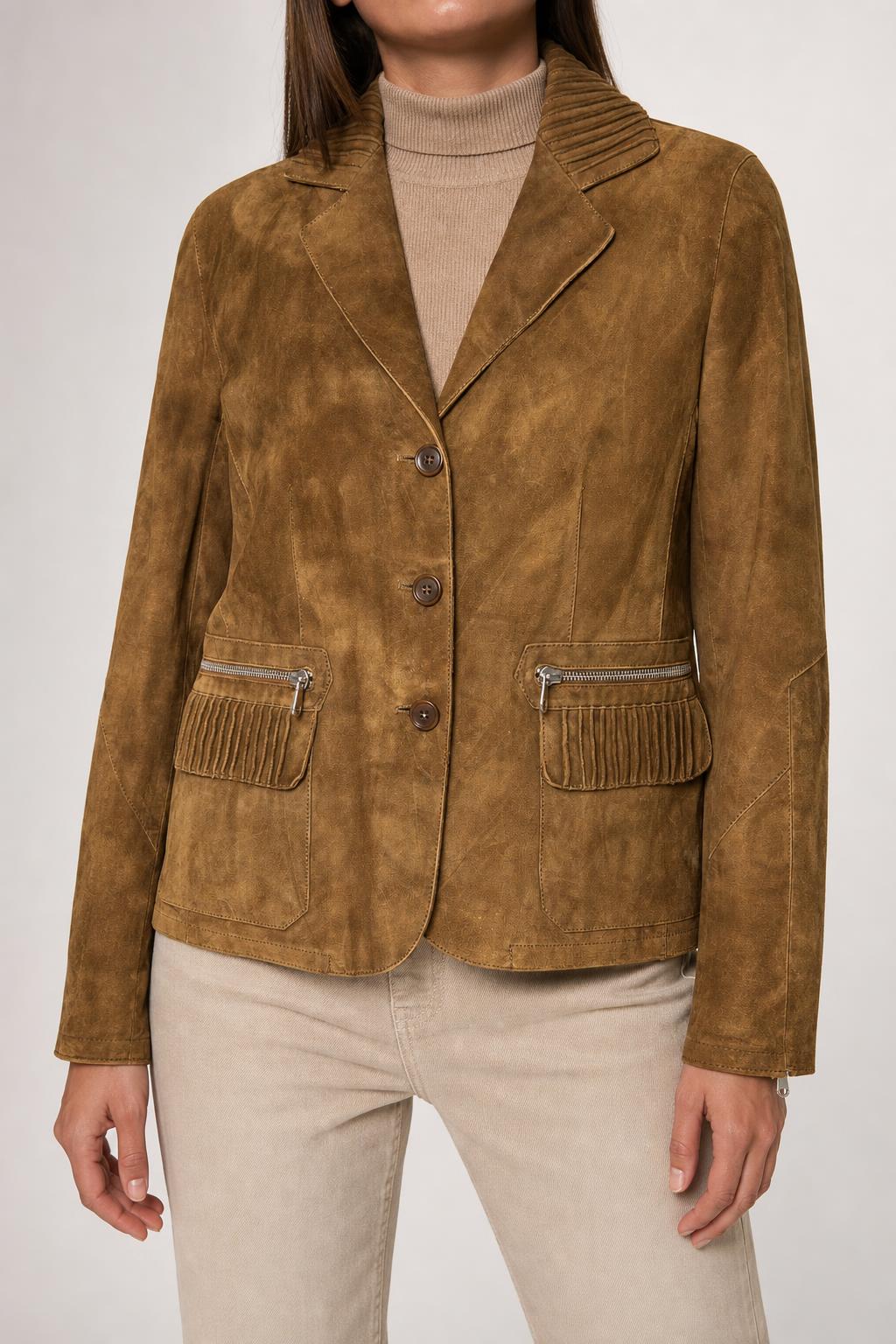 Giacca blazer in pelle scamosciata cammello vintage – Donna Taglia S