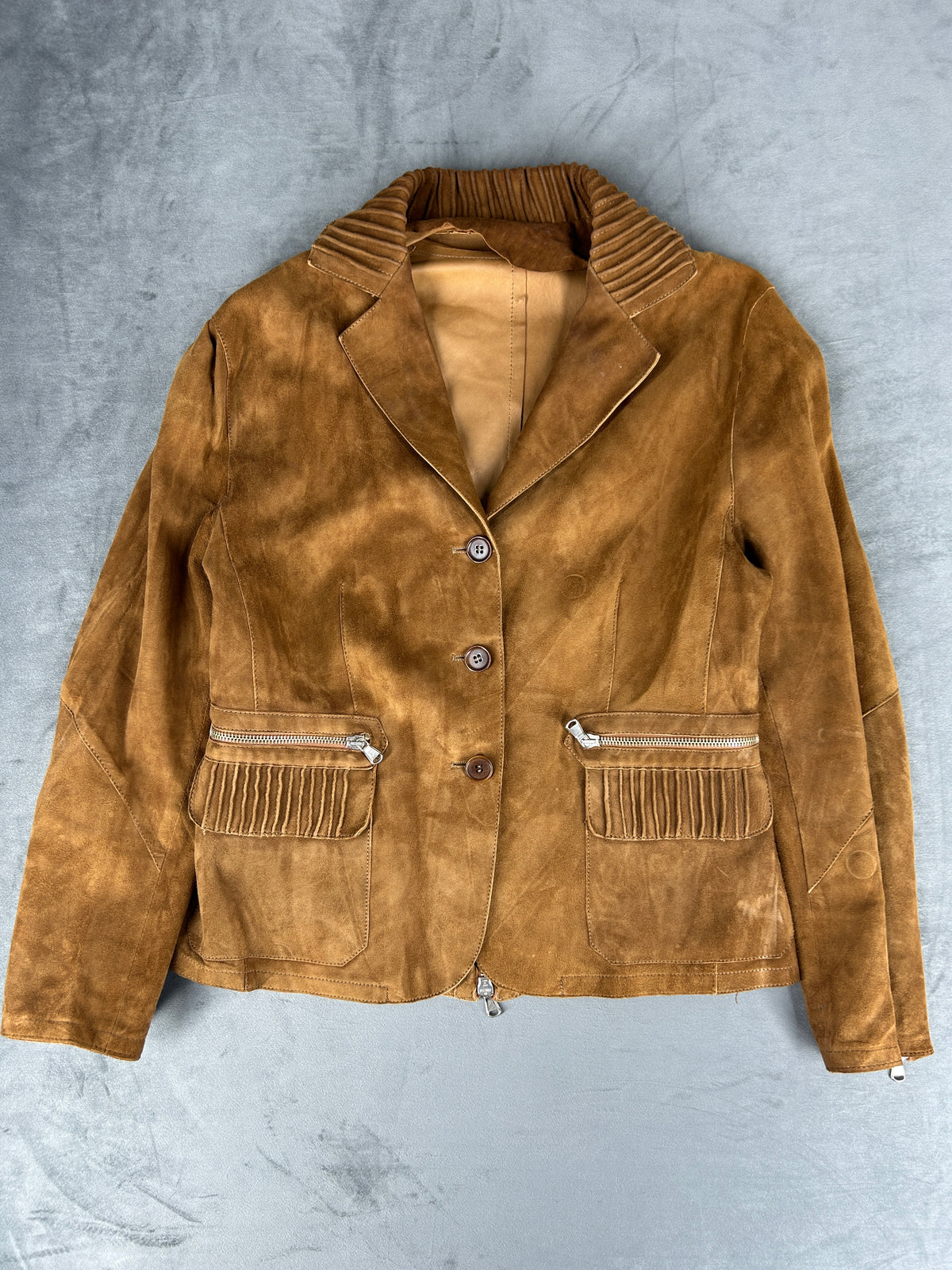 Giacca blazer in pelle scamosciata cammello vintage – Donna Taglia S