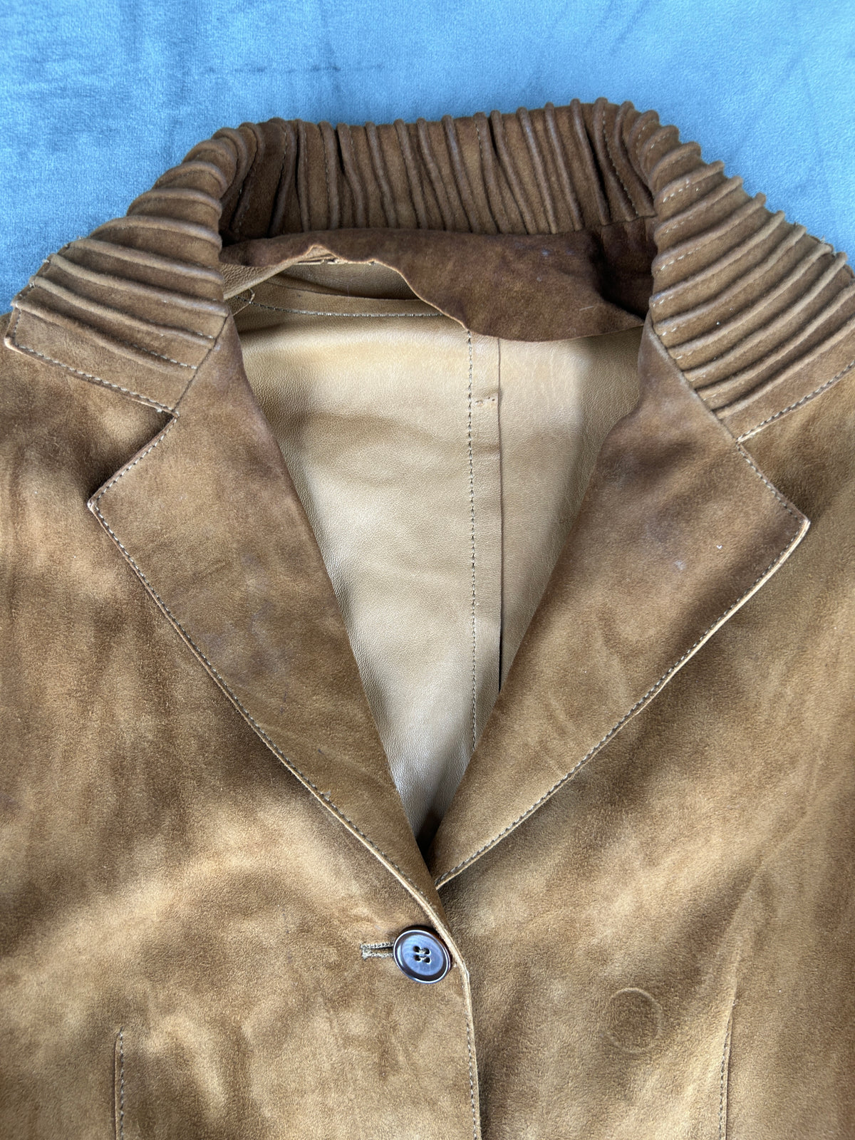 Giacca blazer in pelle scamosciata cammello vintage – Donna Taglia S