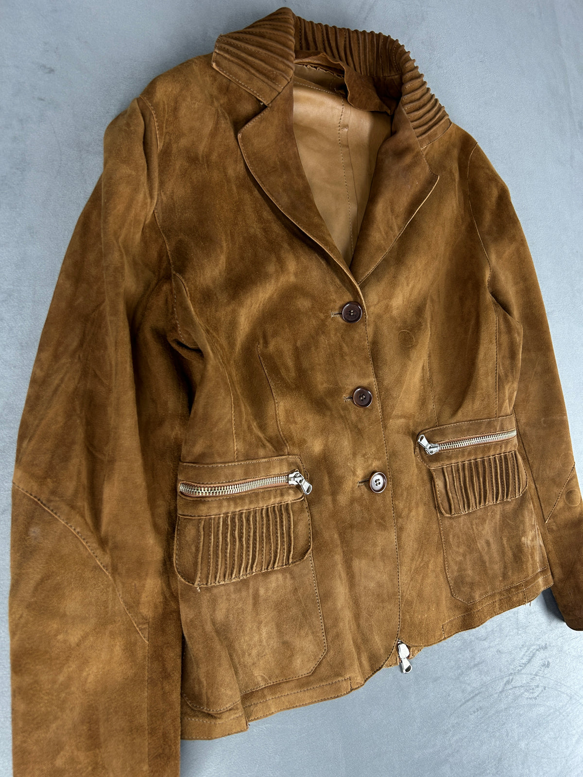 Giacca blazer in pelle scamosciata cammello vintage – Donna Taglia S