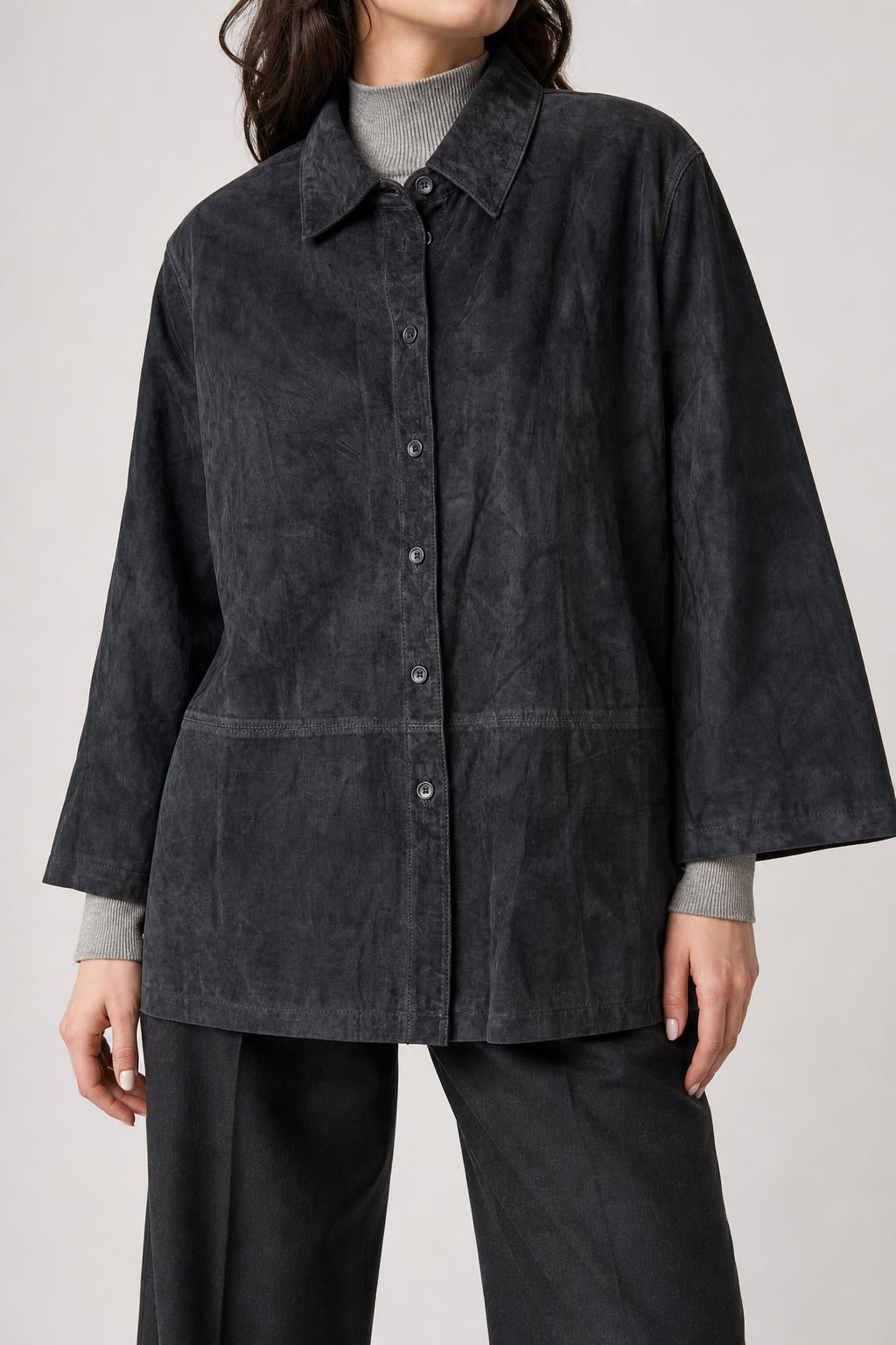 Giacca-camicia in pelle scamosciata grigia vintage – Donna Taglia L