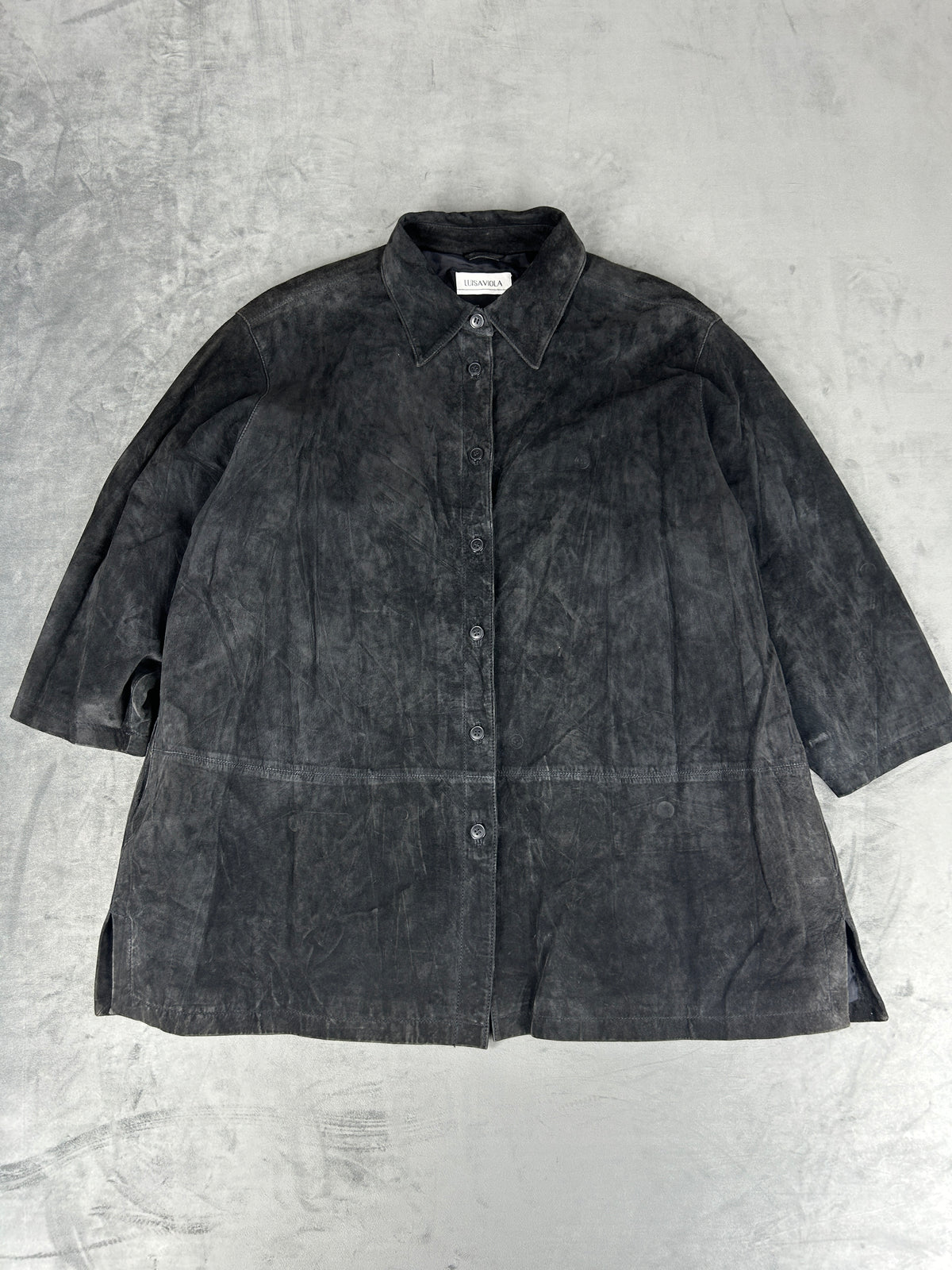 Giacca-camicia in pelle scamosciata grigia vintage – Donna Taglia L