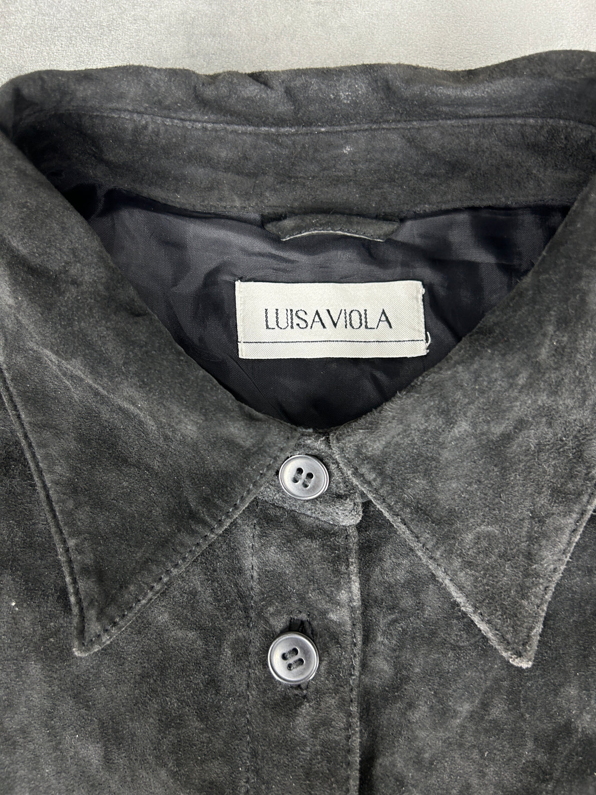 Giacca-camicia in pelle scamosciata grigia vintage – Donna Taglia L