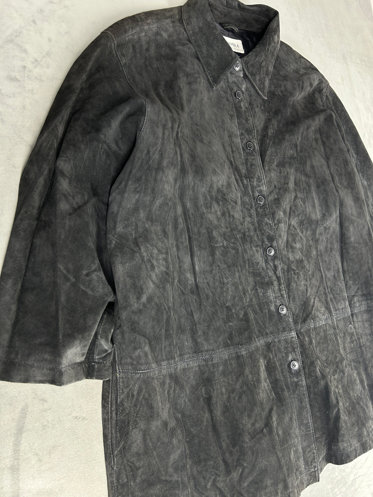 Giacca-camicia in pelle scamosciata grigia vintage – Donna Taglia L