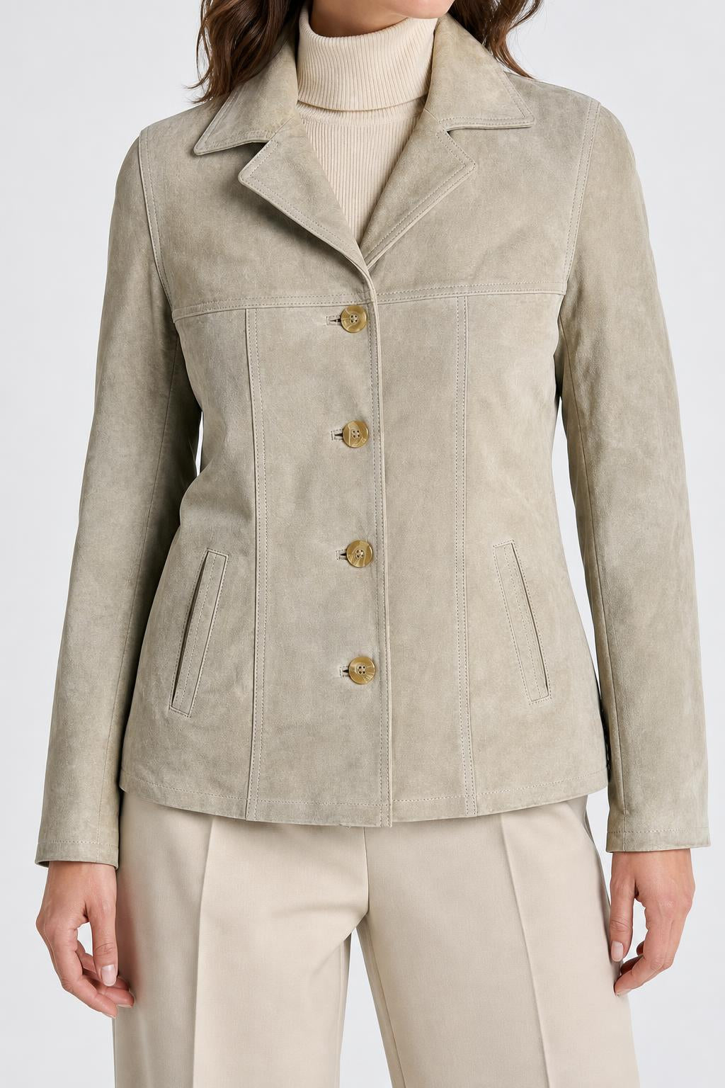 Giacca blazer in pelle scamosciata beige vintage – Donna Taglia M (IT 42)