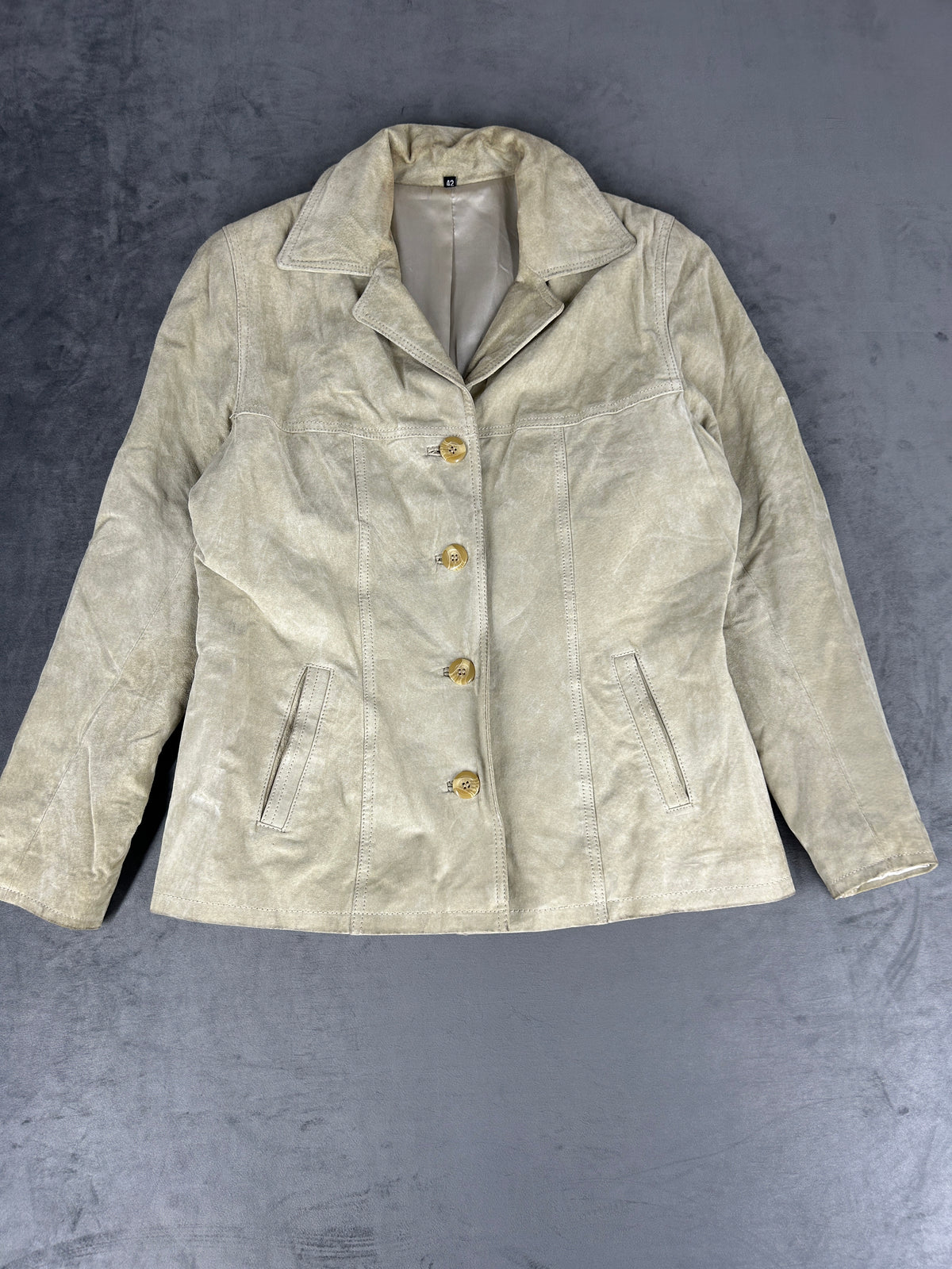 Giacca blazer in pelle scamosciata beige vintage – Donna Taglia M (IT 42)
