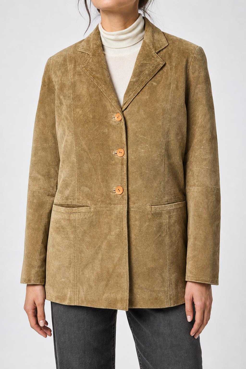 Giacca blazer in pelle scamosciata cammello vintage – Donna Taglia M