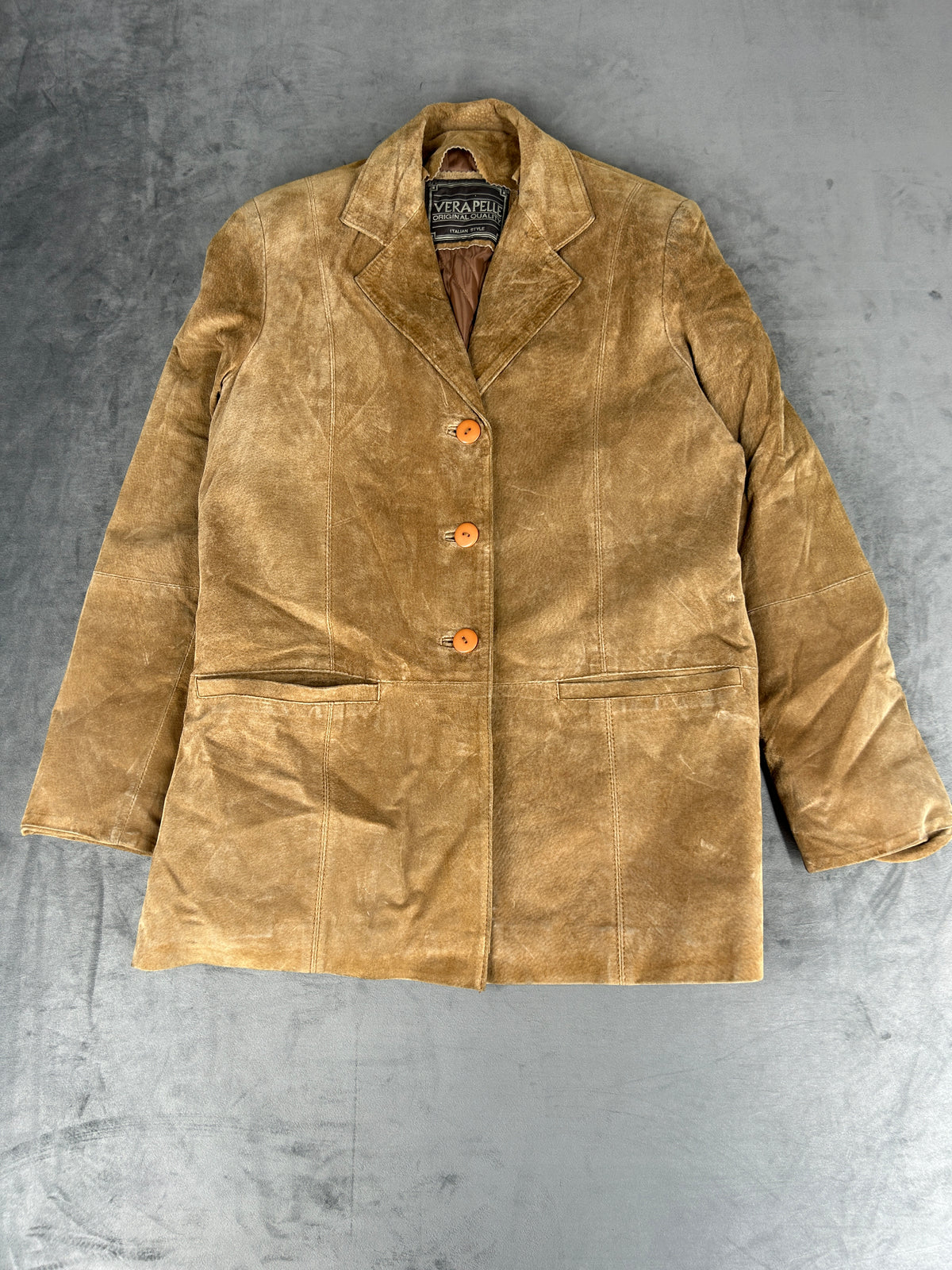 Giacca blazer in pelle scamosciata cammello vintage – Donna Taglia M