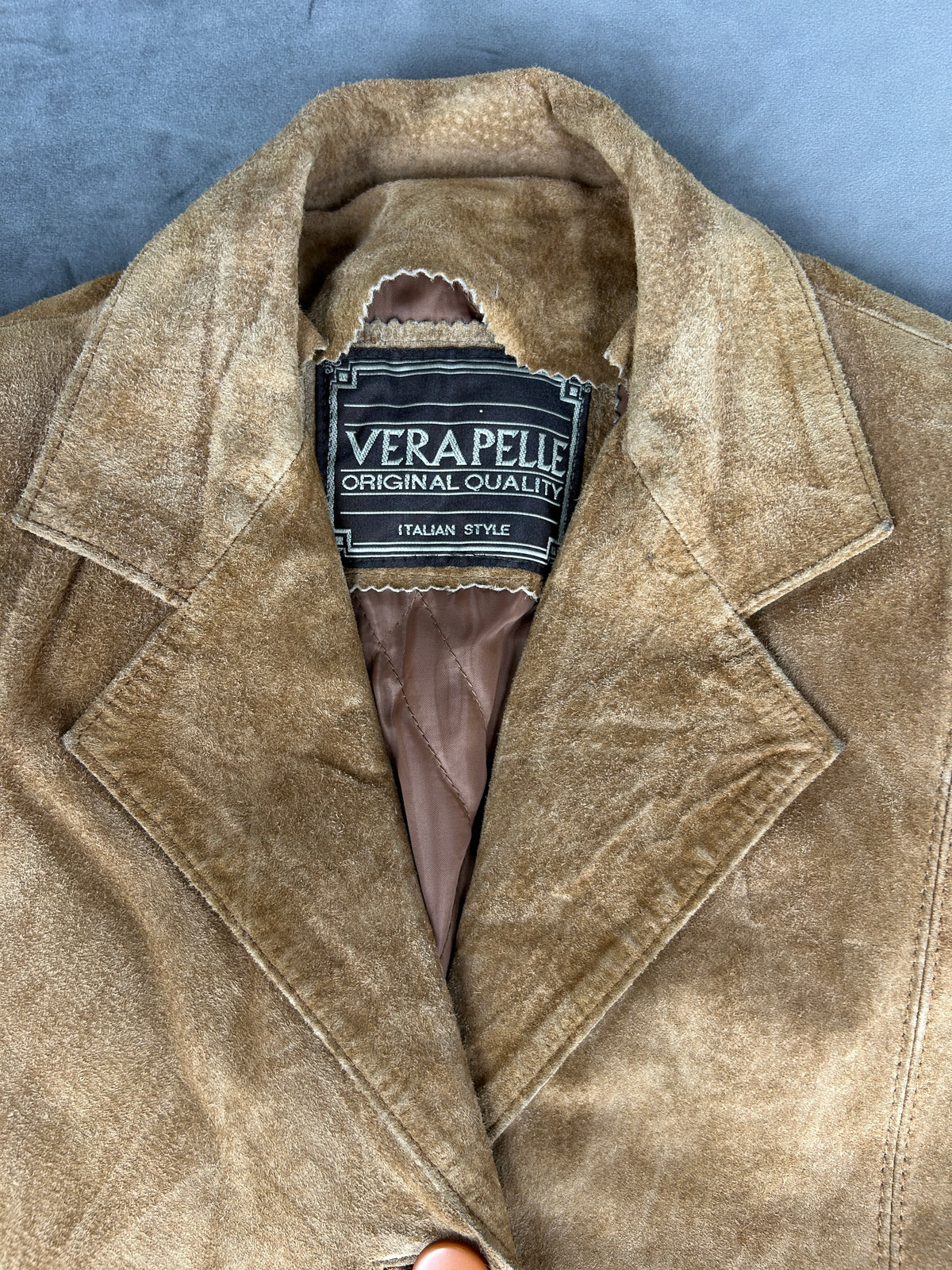 Giacca blazer in pelle scamosciata cammello vintage – Donna Taglia M