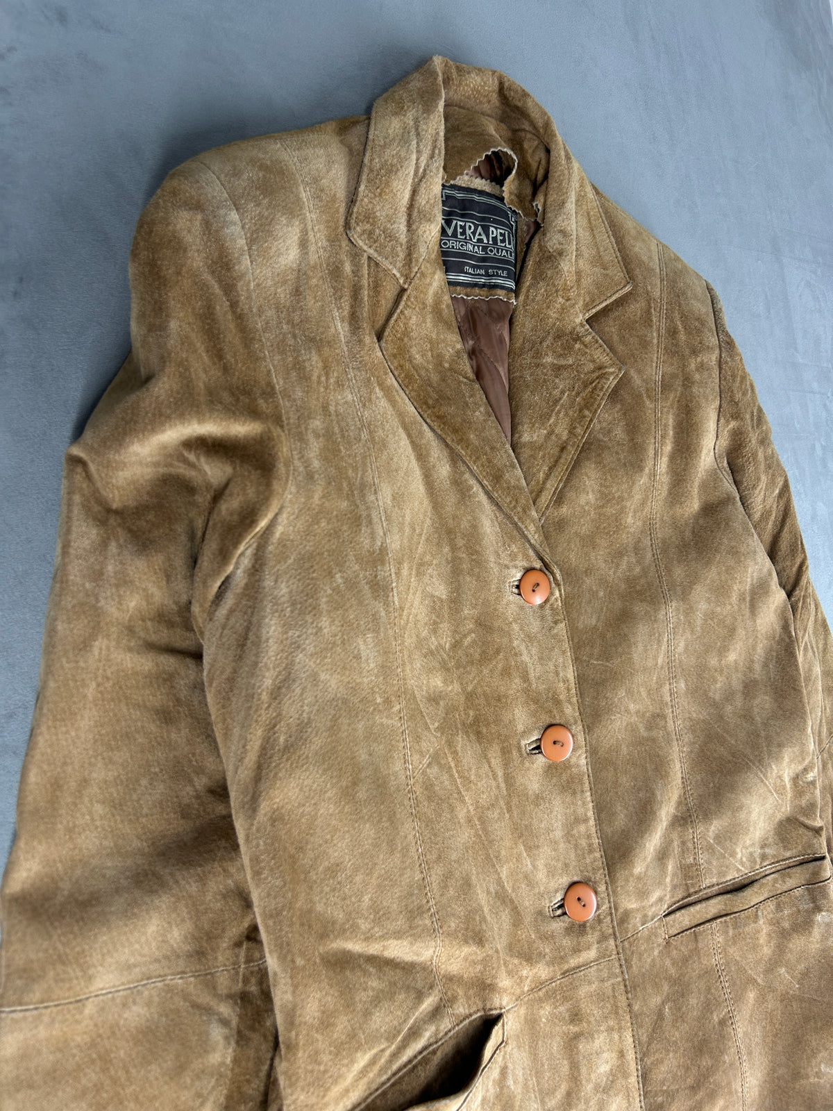 Giacca blazer in pelle scamosciata cammello vintage – Donna Taglia M