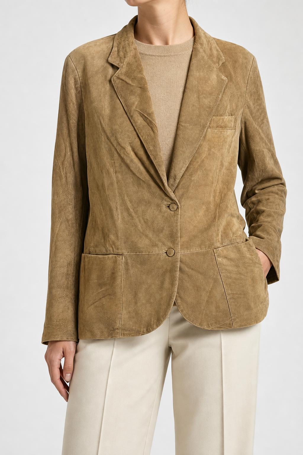 Giacca blazer in pelle scamosciata cammello vintage – Donna Taglia M