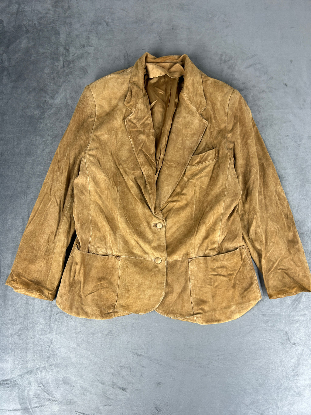 Giacca blazer in pelle scamosciata cammello vintage – Donna Taglia M