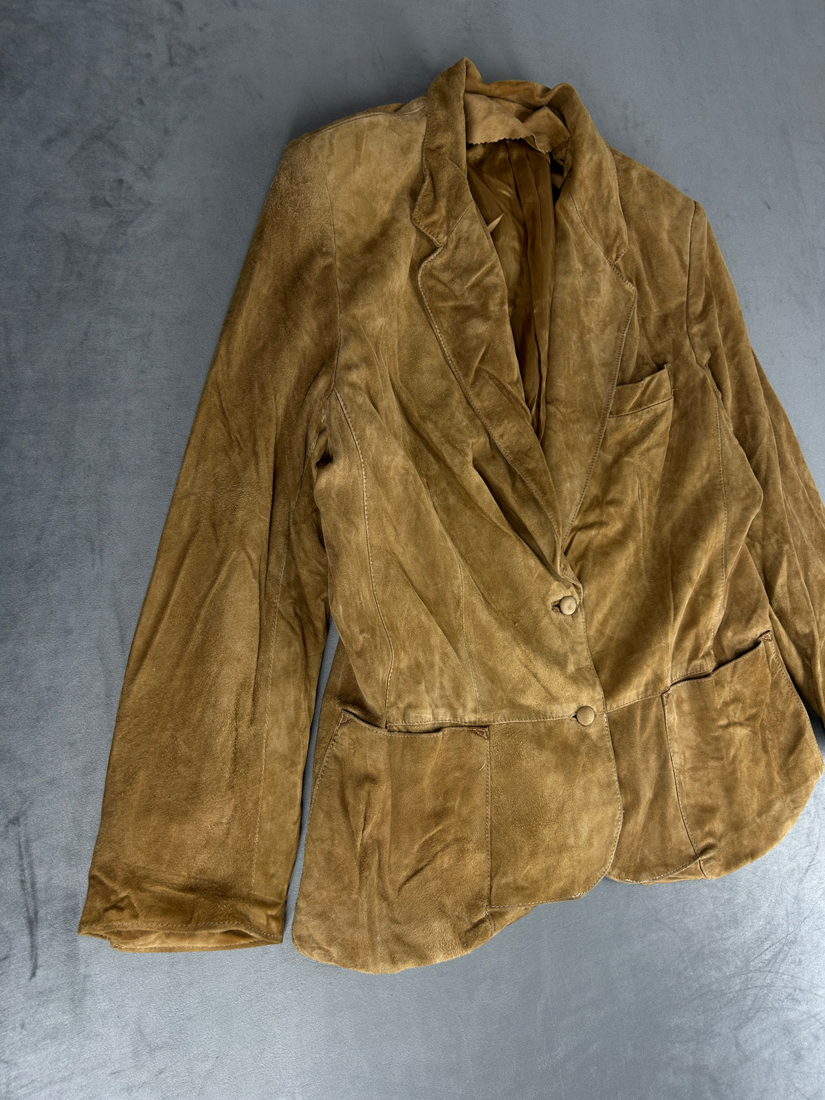 Giacca blazer in pelle scamosciata cammello vintage – Donna Taglia M