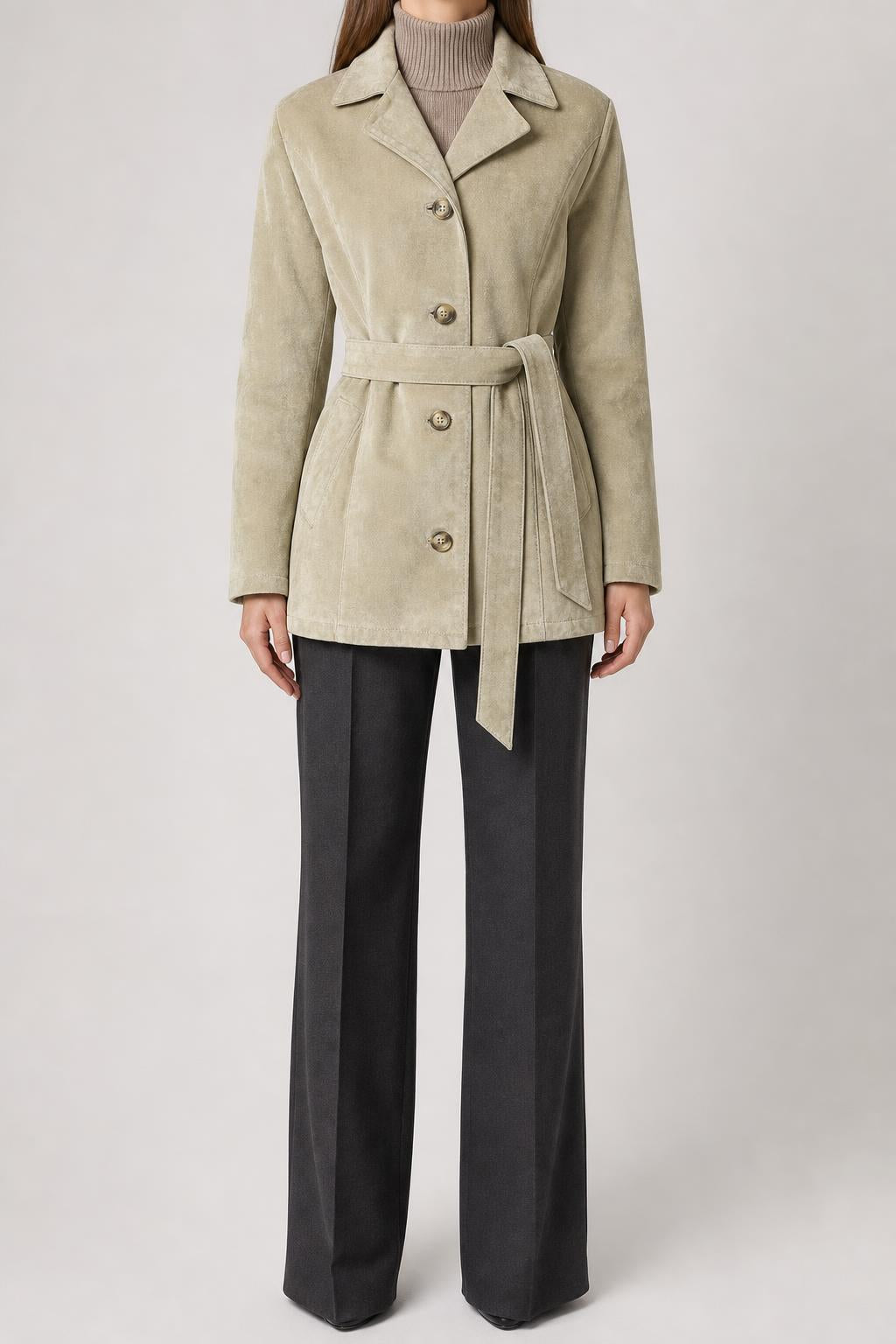 Giacca in pelle scamosciata beige con cintura vintage – Donna Taglia L