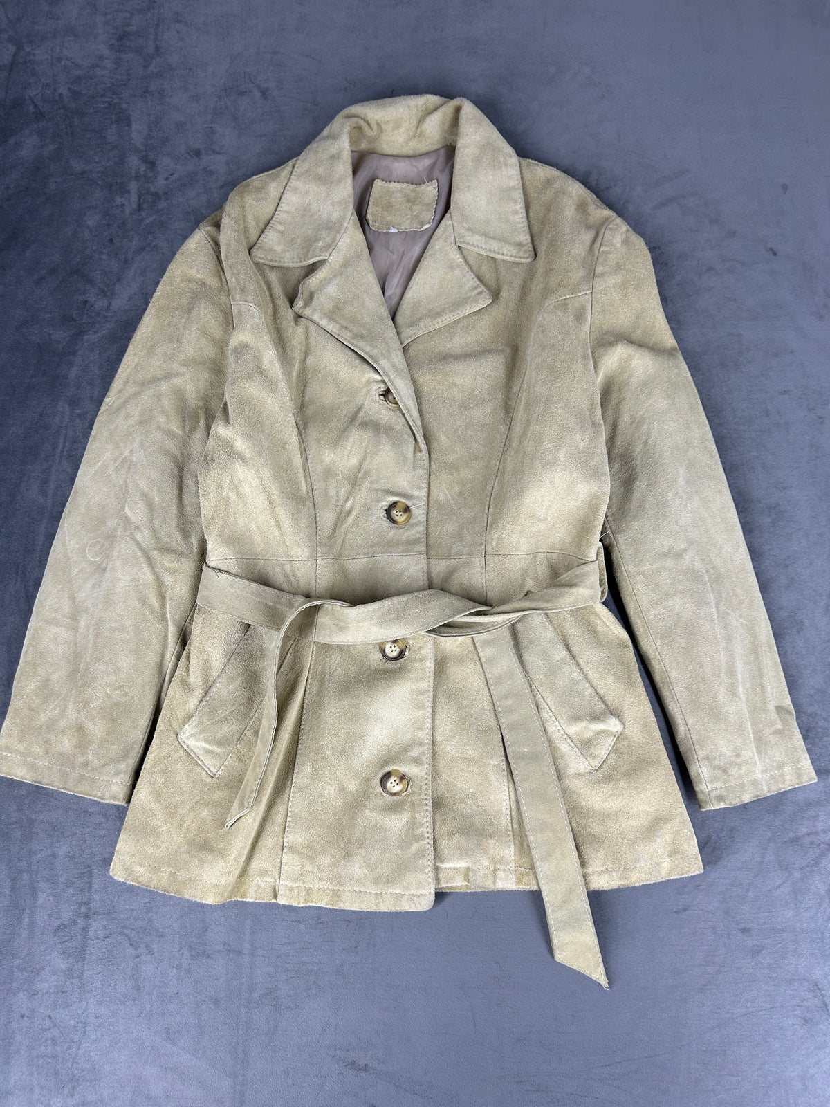 Giacca in pelle scamosciata beige con cintura vintage – Donna Taglia L