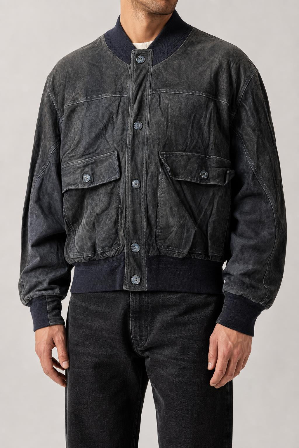 Bomber in pelle scamosciata nero vintage – Uomo Taglia L