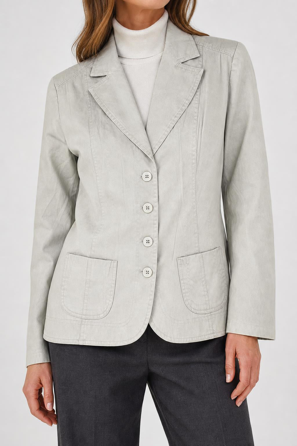 Giacca blazer in pelle scamosciata grigio chiaro vintage – Donna Taglia L (IT 44)