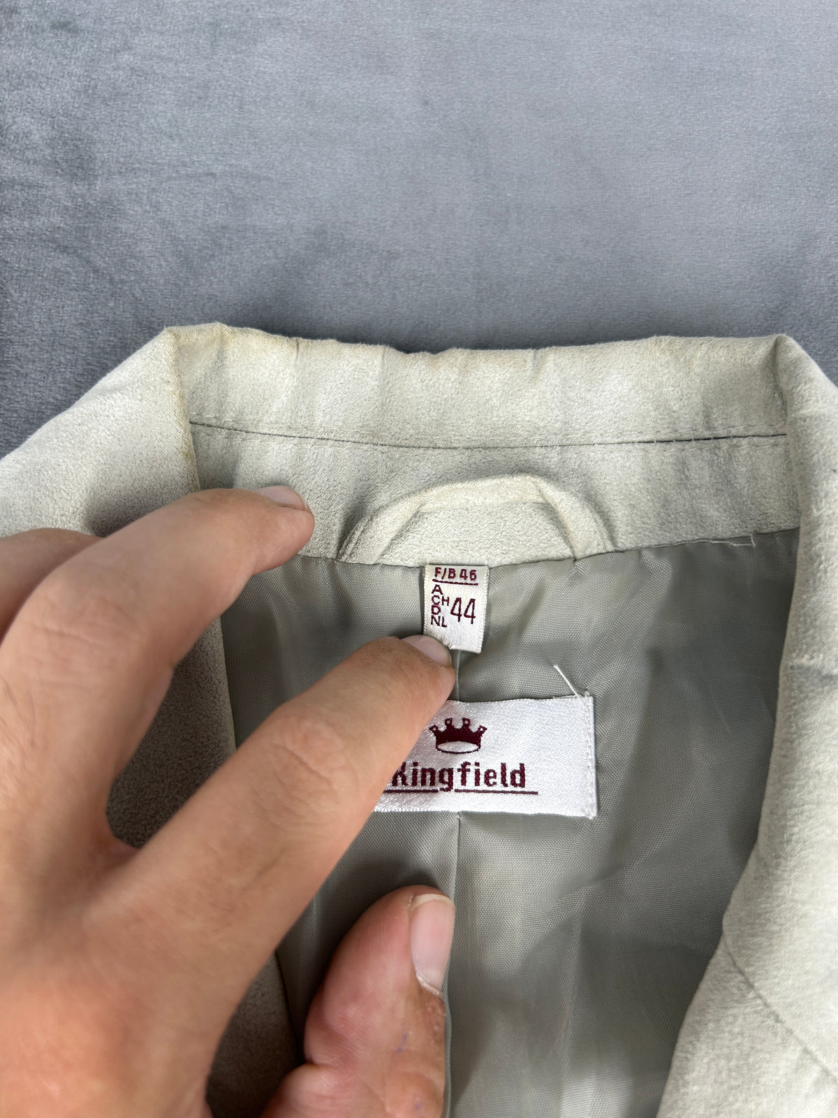 Giacca blazer in pelle scamosciata grigio chiaro vintage – Donna Taglia L (IT 44)