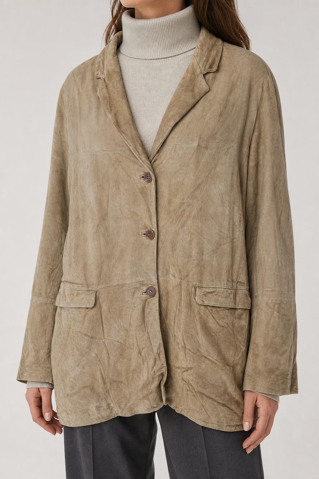 Giacca blazer in pelle scamosciata cammello vintage – Donna Taglia XL