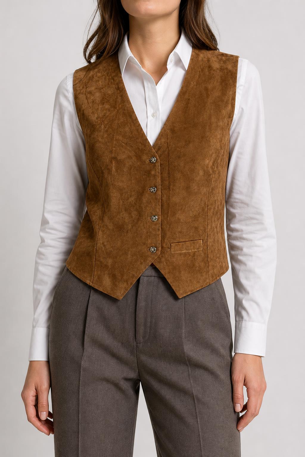 Gilet in pelle scamosciata marrone vintage – Donna Taglia L