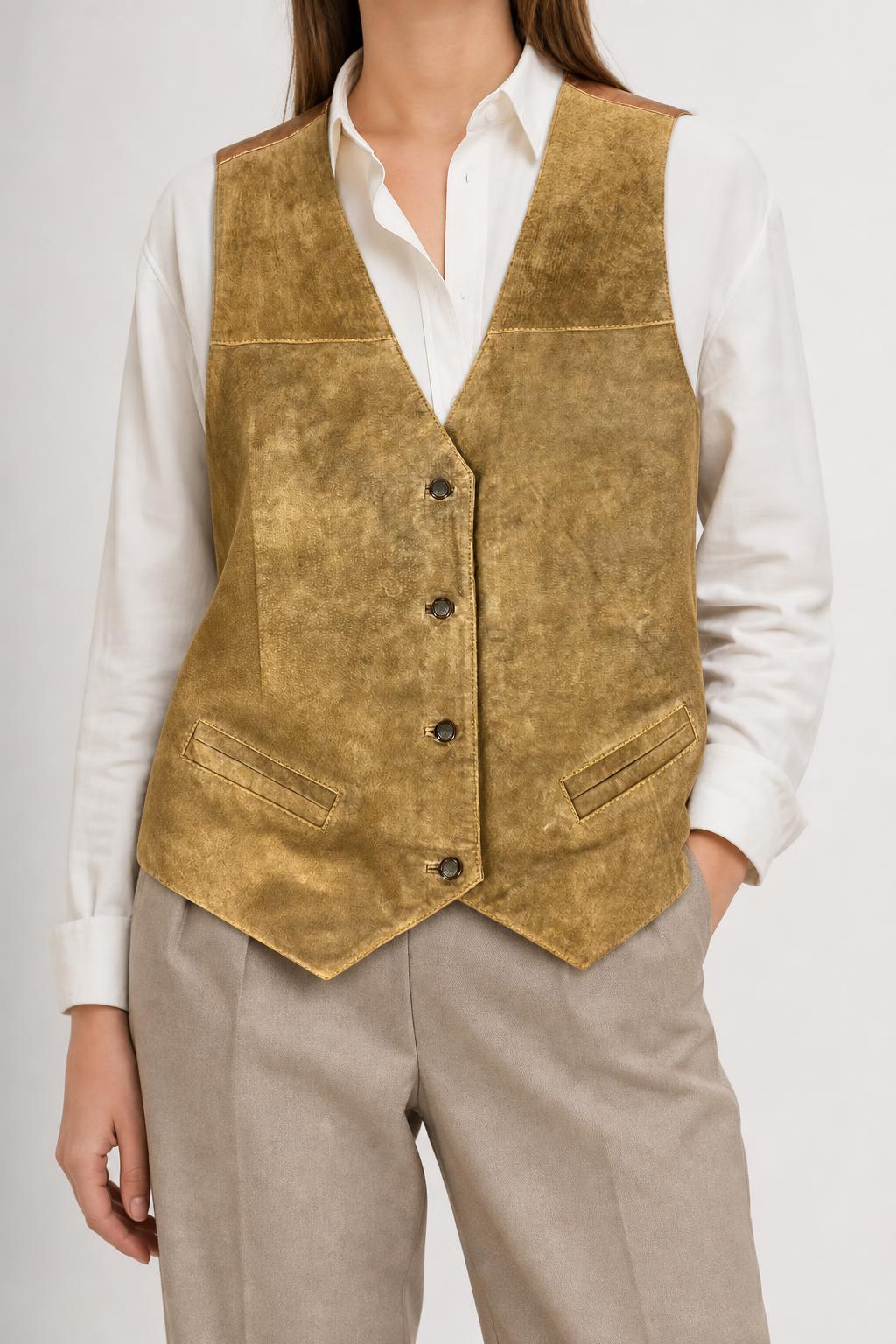 Gilet in pelle scamosciata cammello vintage – Donna Taglia M