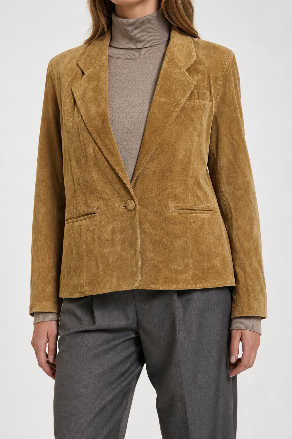 Giacca blazer in pelle scamosciata cammello vintage – Donna Taglia L
