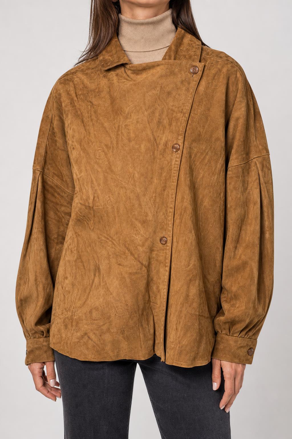 Giacca-camicia in pelle scamosciata cognac vintage – Donna Taglia L (IT 44)