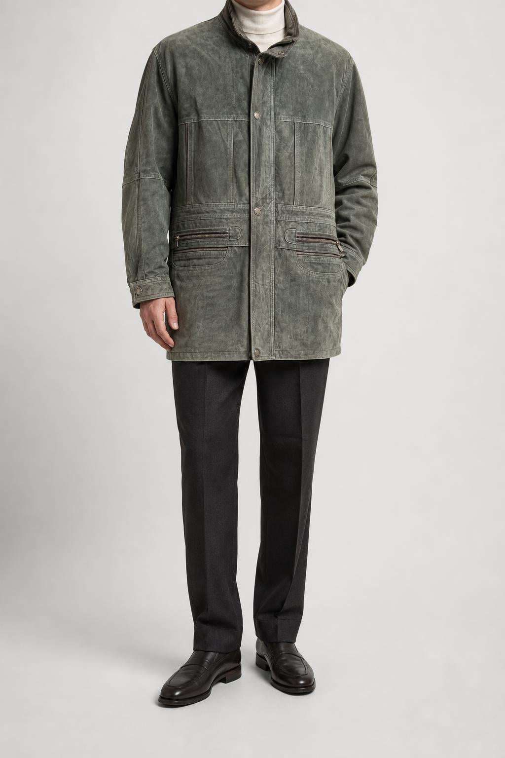 Giaccone in pelle scamosciata verde militare vintage – Uomo Taglia L