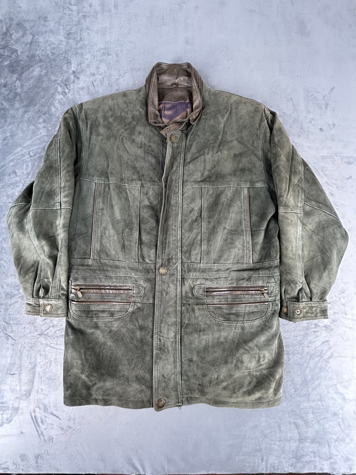 Giaccone in pelle scamosciata verde militare vintage – Uomo Taglia L
