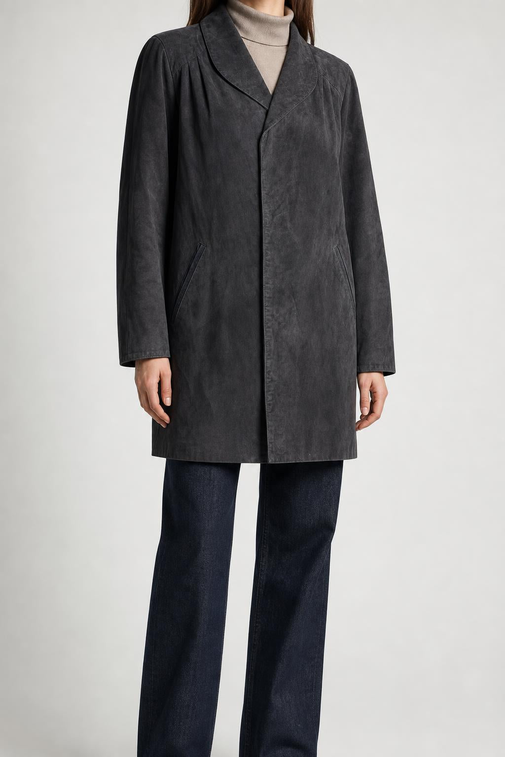 Cappotto in pelle scamosciata grigio antracite vintage – Donna Taglia L