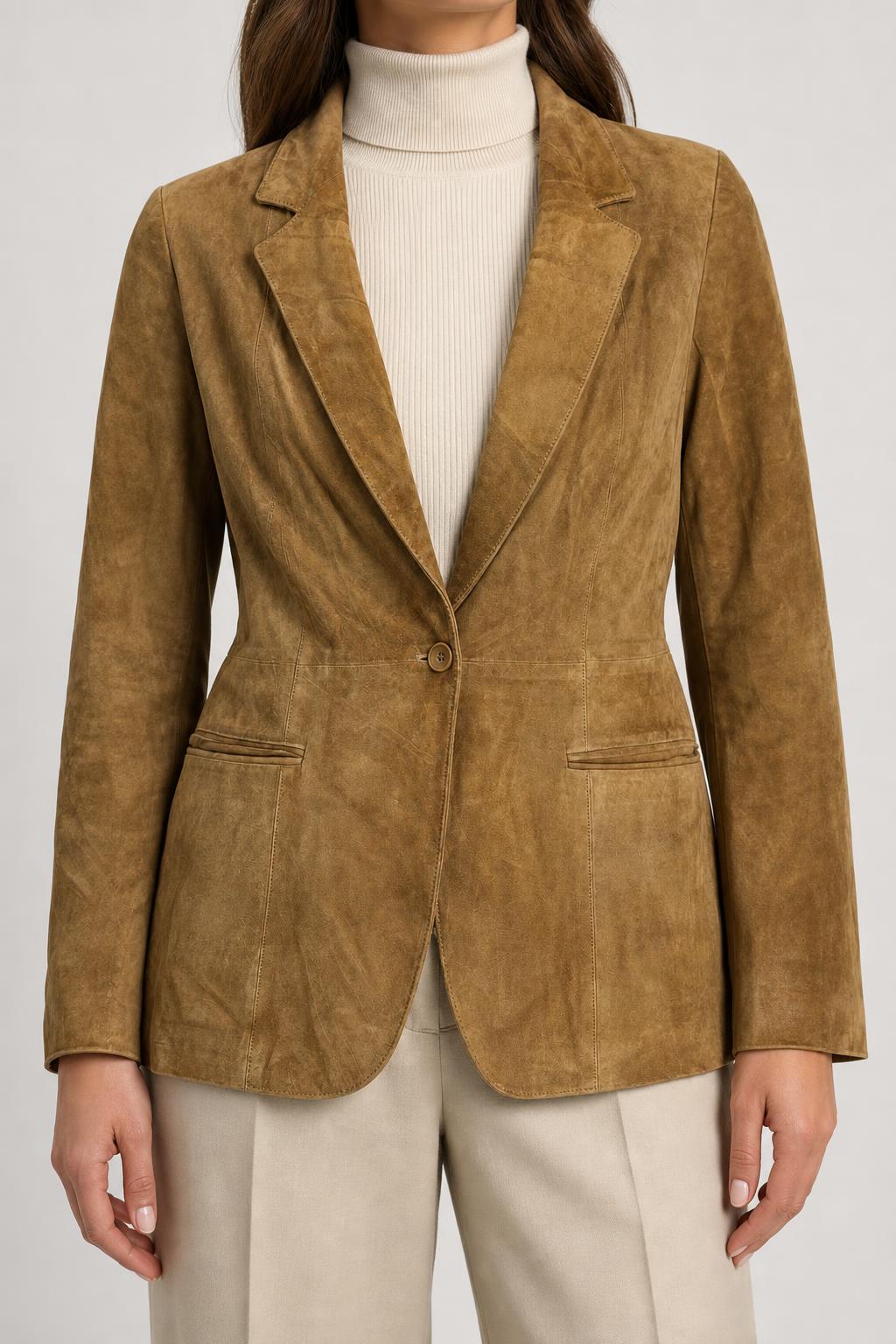 Giacca blazer in pelle scamosciata cammello vintage – Donna Taglia L (IT 46)