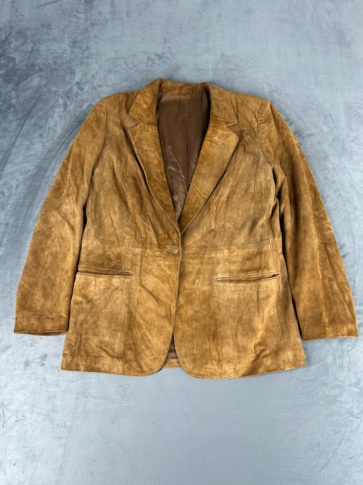Giacca blazer in pelle scamosciata cammello vintage – Donna Taglia L (IT 46)