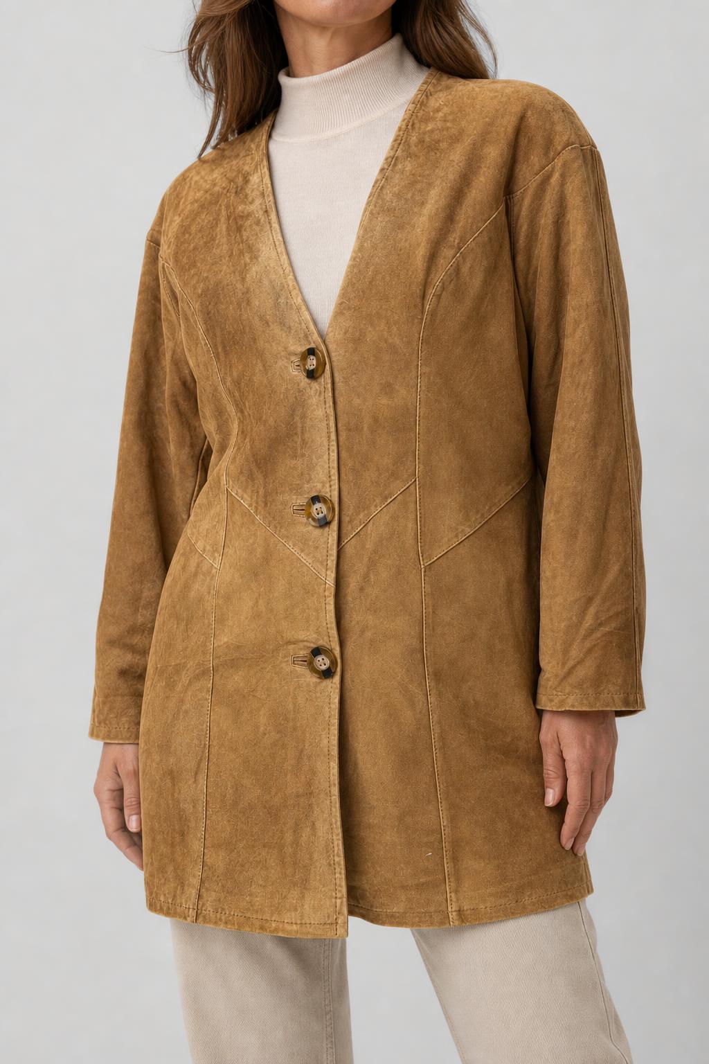 Giacca lunga in pelle scamosciata cammello vintage – Donna Taglia L