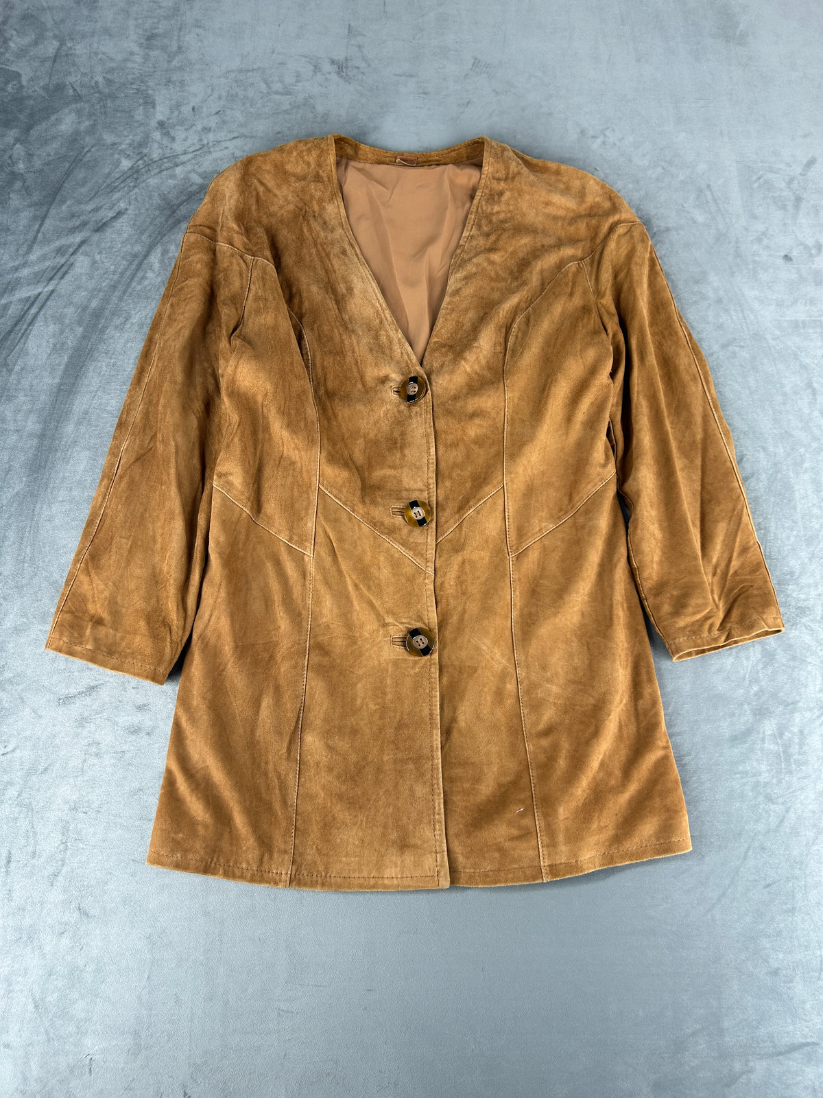 Giacca lunga in pelle scamosciata cammello vintage – Donna Taglia L
